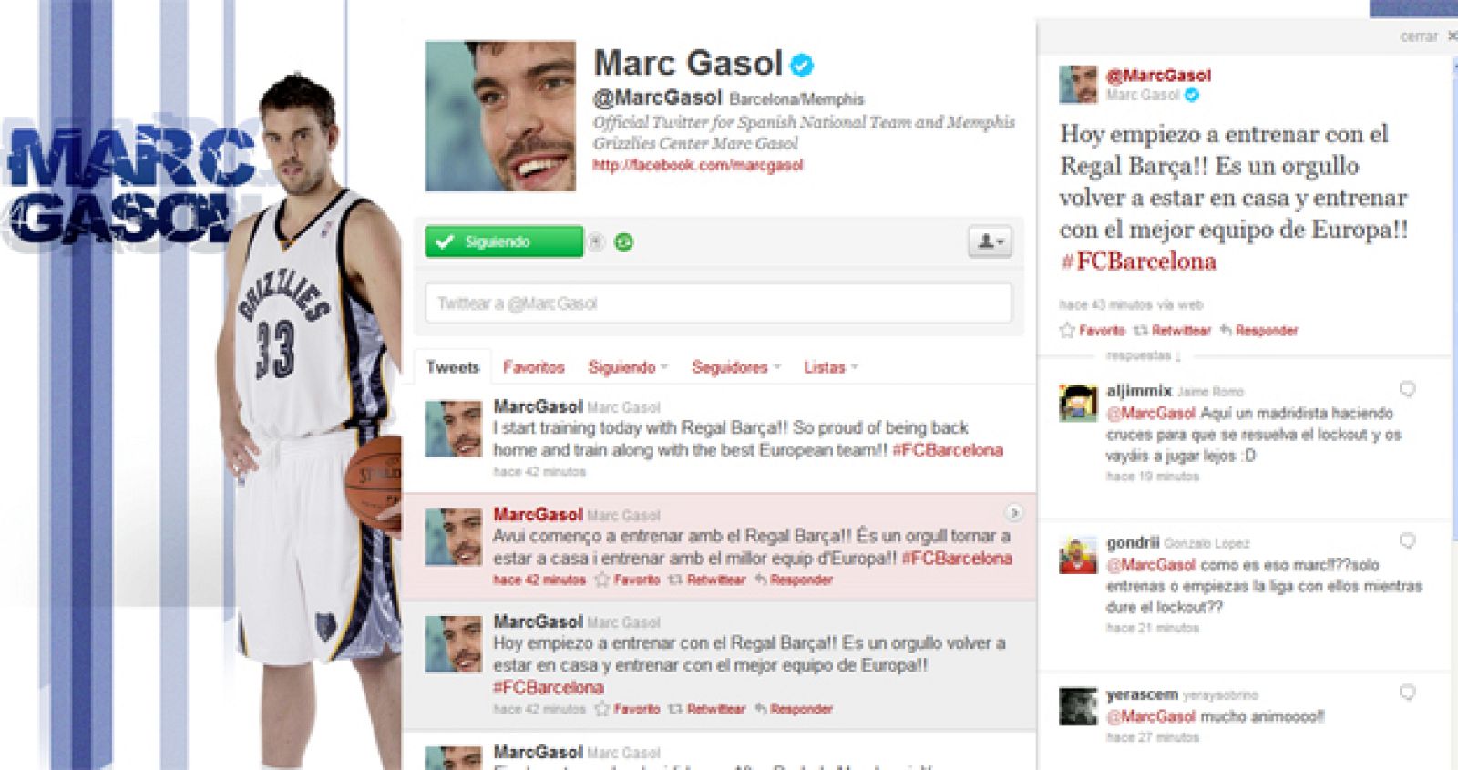 Marc Gasol publica en su twitter que vuelve a entrenar con el Regal Barça.
