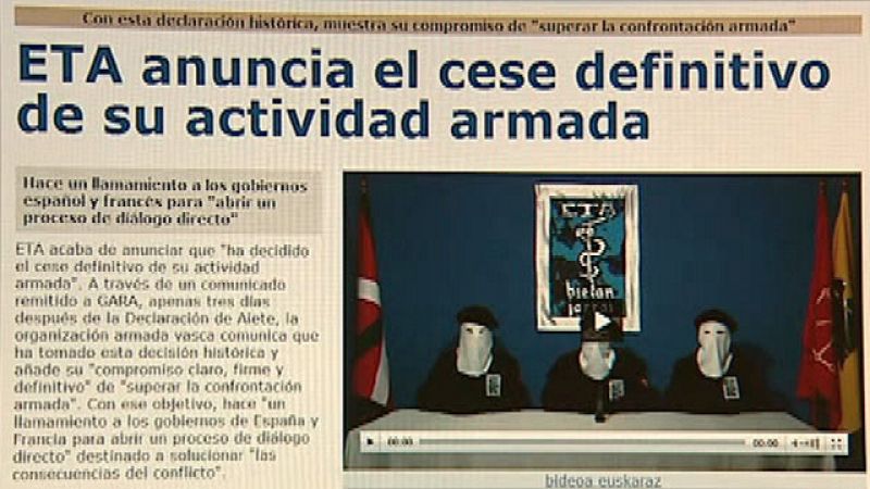 ETA anuncia el "cese definitivo de su actividad armada" y pide "diálogo" al Gobierno y Francia