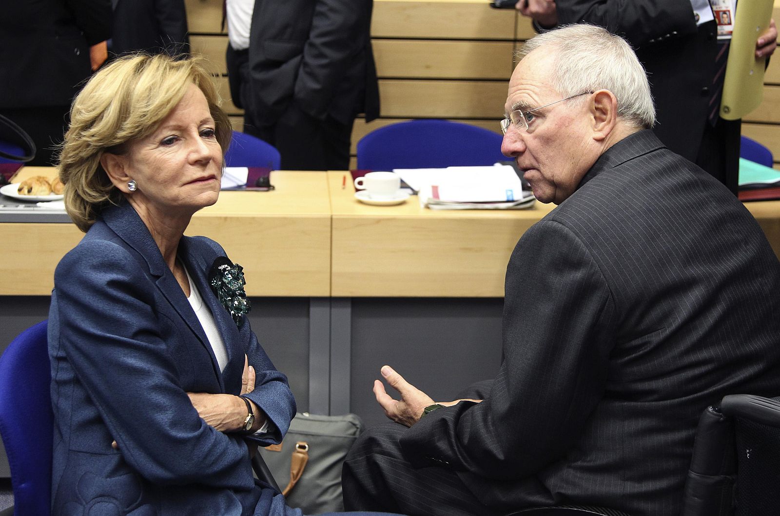 Germany's Finance Minister Schaeuble and Spain's Economy Minister Salgado attend an EU finance ministers meeting in Brussels