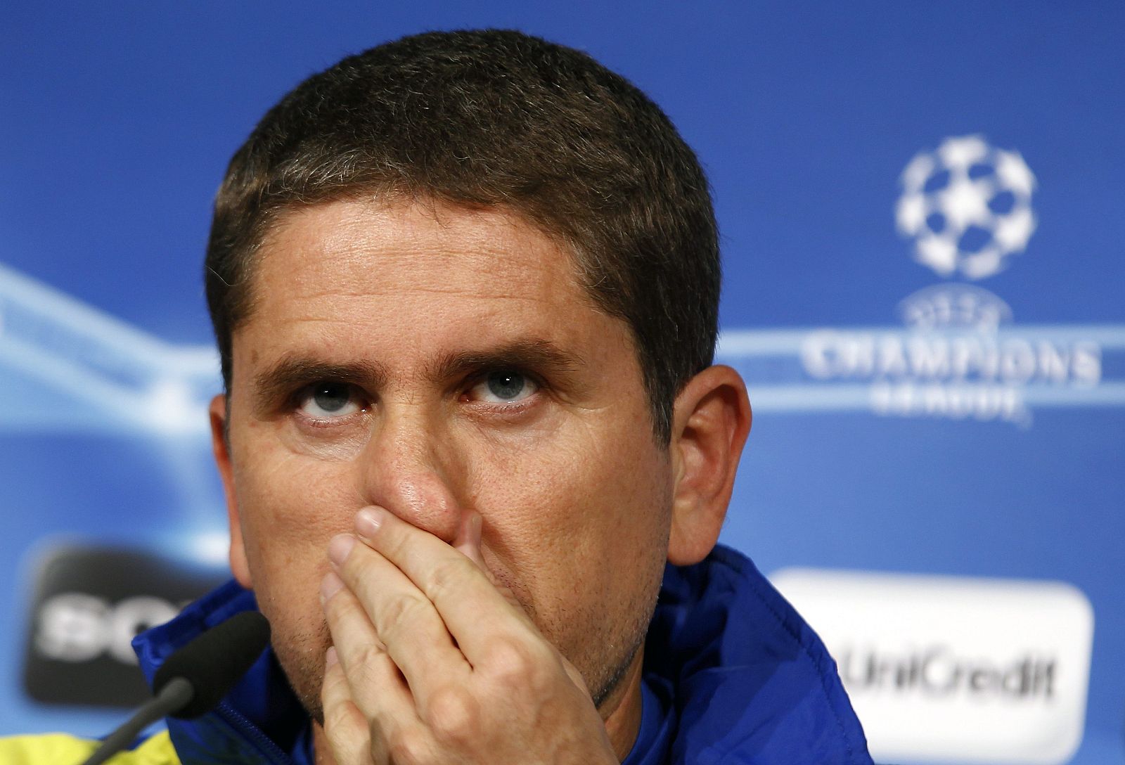 Villarreal's head coach Juan Carlos Garrido attends a news conference at the stadium in Munich