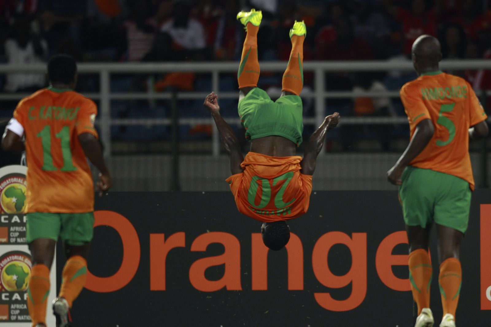 Mayuka of Zambia celebrates his goal against Senegal during the African Nations Cup soccer tournament in Bata