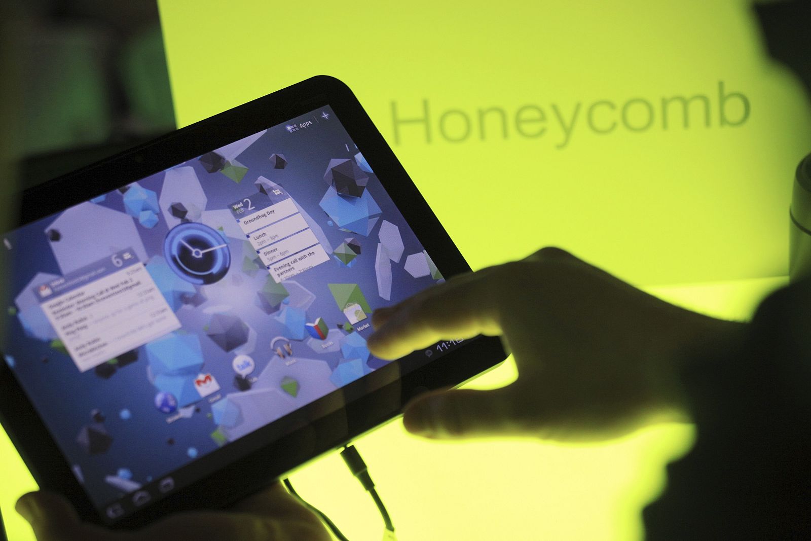 The home screen is shown on Google's latest Android operating system, Honeycomb, on a Motorola Xoom tablet device following a news conference at Google Headquarters in Mountain View, California