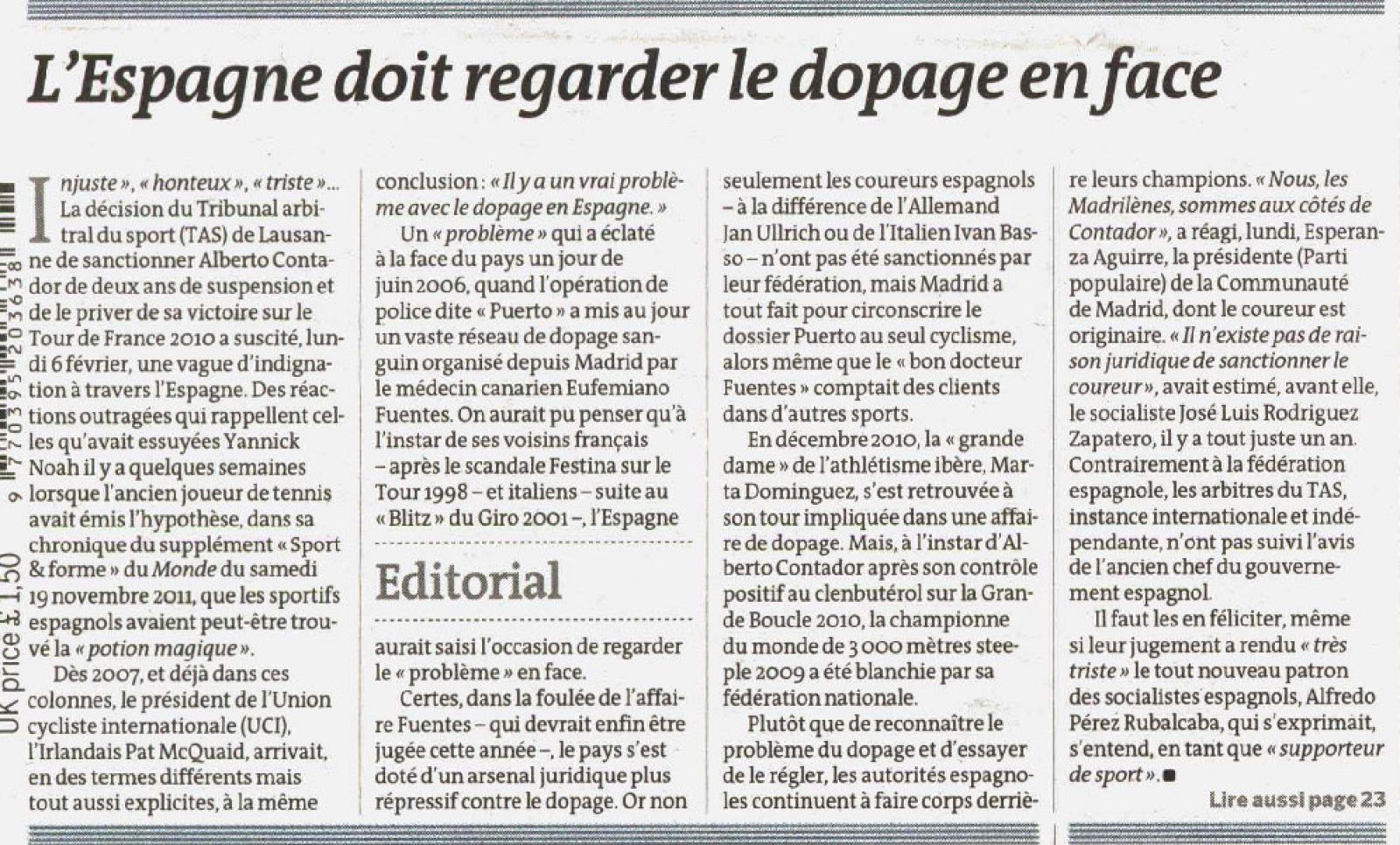 Texto del editorial publicado por Le Monde en su portada del 8 de febrero de 2012: "España debe mirar de frente al dopaje"