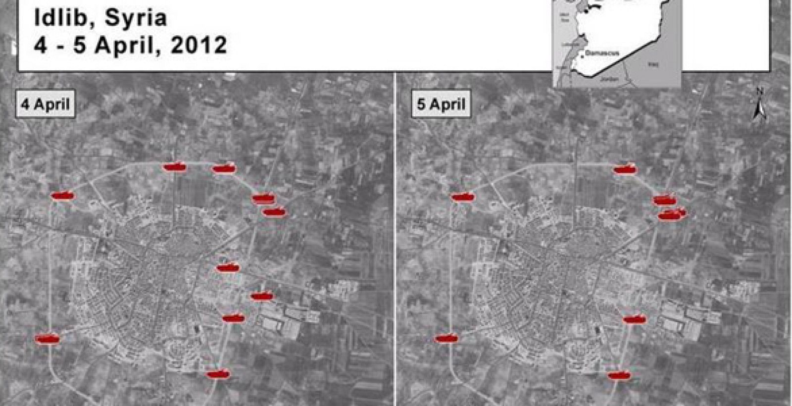 Imágenes que muestran la localización de las tropas militares sirias en la localidad de Idlib durante los días 4 y 5 de abril de 2012