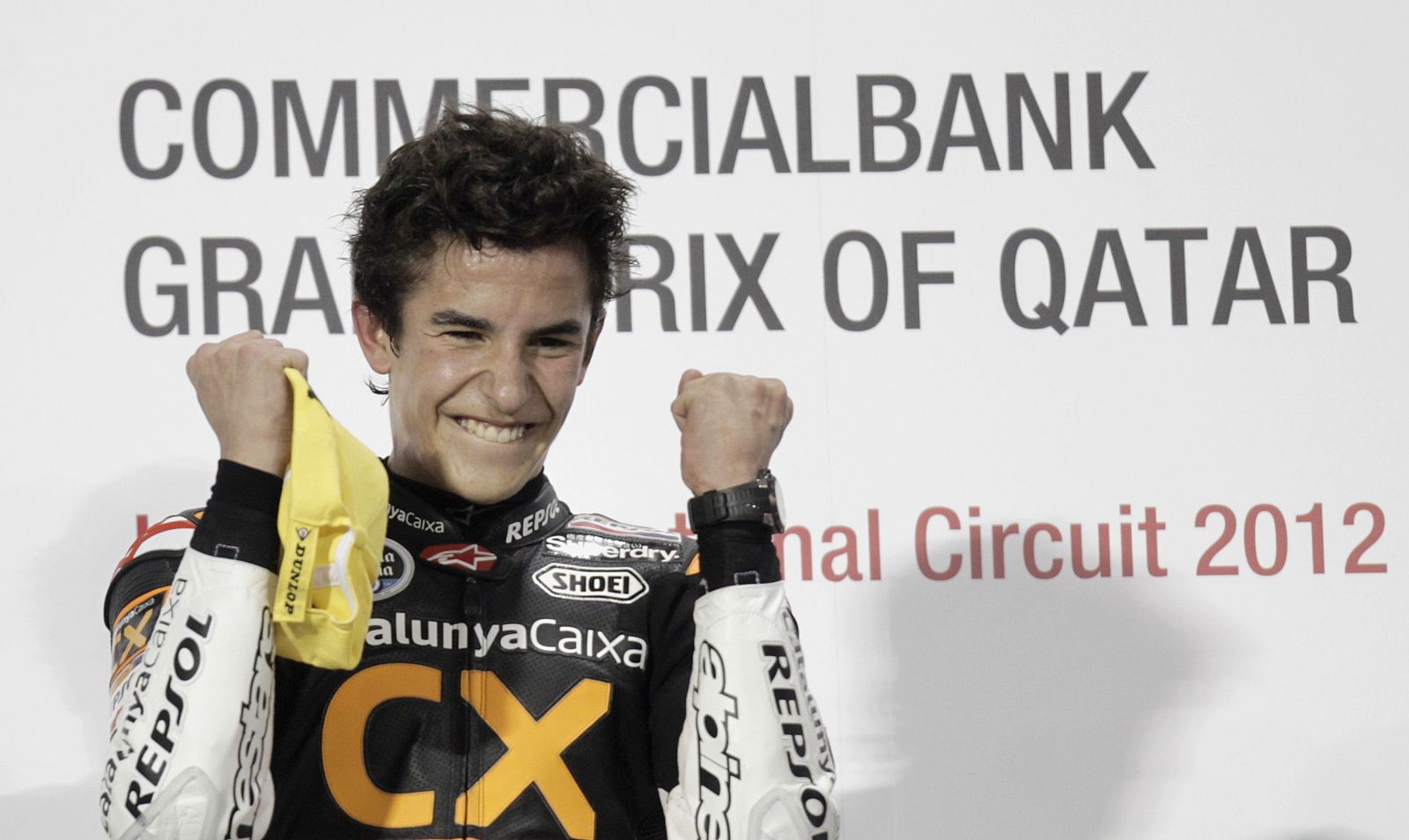 Suter Moto2 rider Marquez of Spain celebrates after winning Moto2 race at Qatar MotoGP Grand Prix at Losail International Circuit in Doha