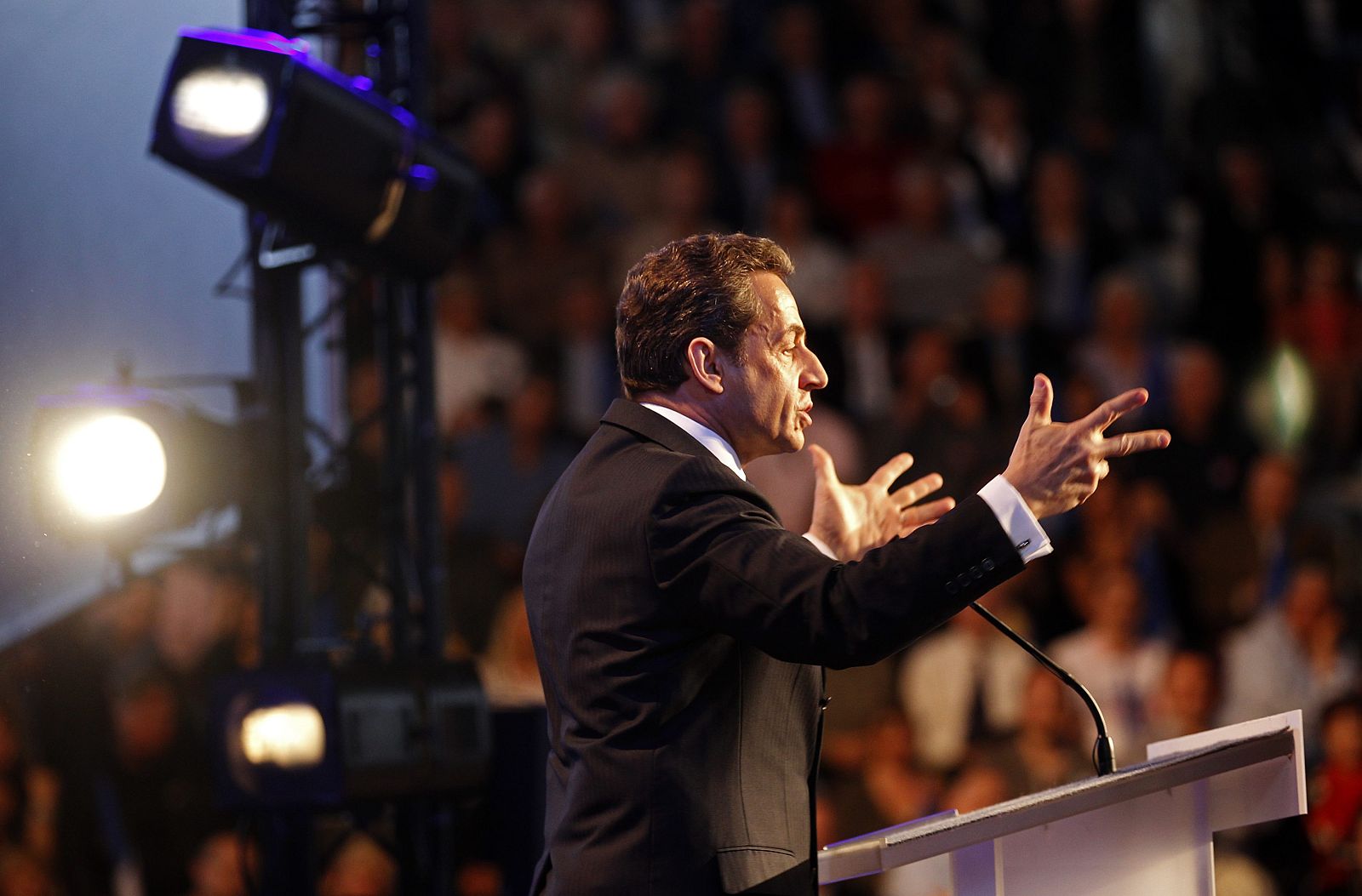 France's President and UMP candidate for the 2012 French presidential election Sarkozy delivers a campaign speech during a political rally in Saint Raphael