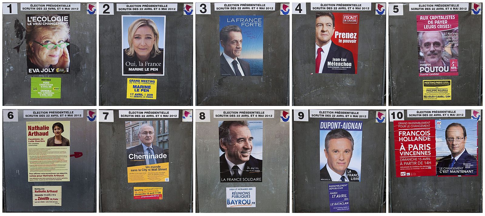 Combo de fotografías que muestra los carteles electorales de los candidatos a la presidencia de Francia.