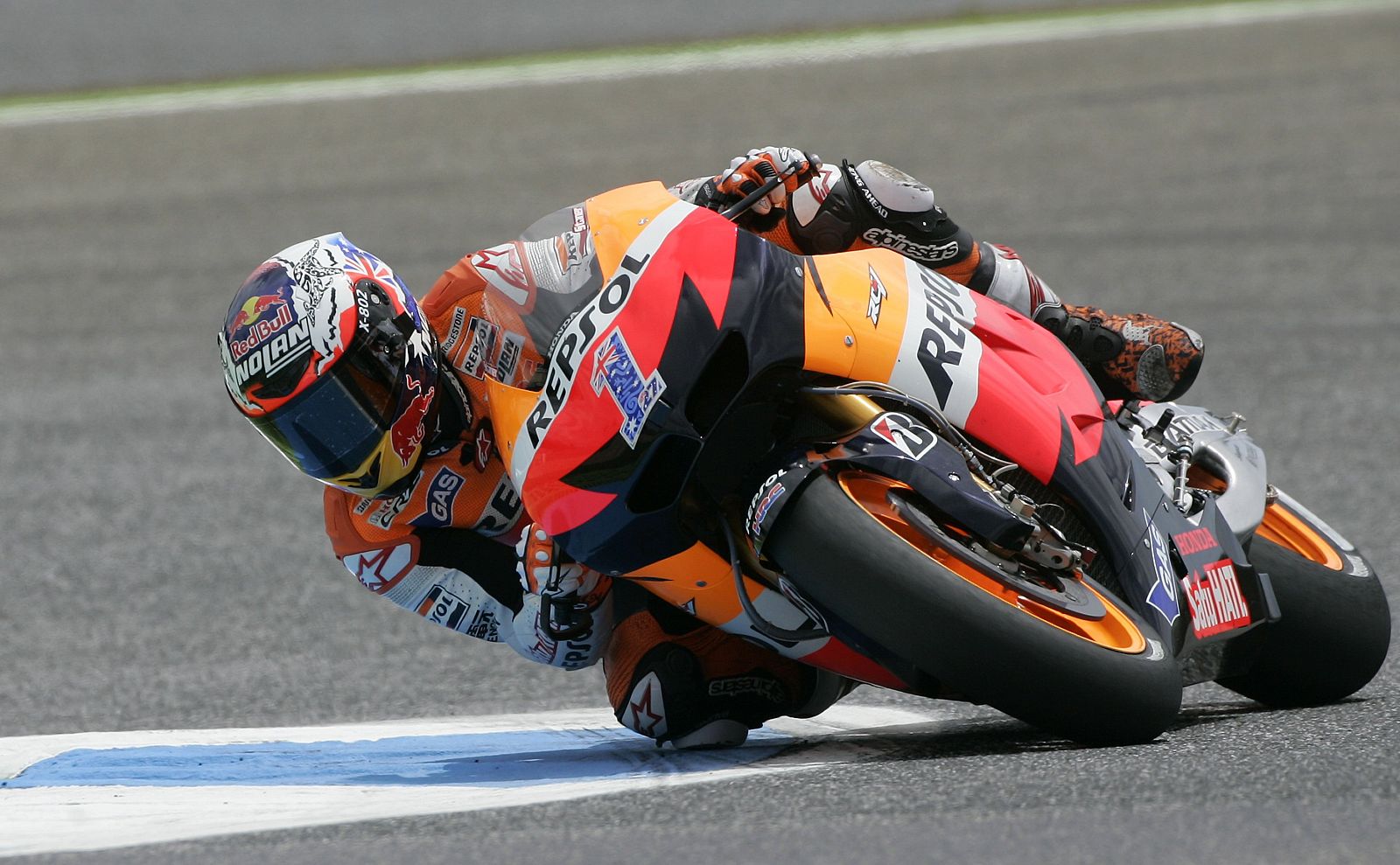 Honda MotoGP rider Casey Stoner of Australia rides his motorcycle during the second free practice session at the Portuguese Grand Prix in Estoril