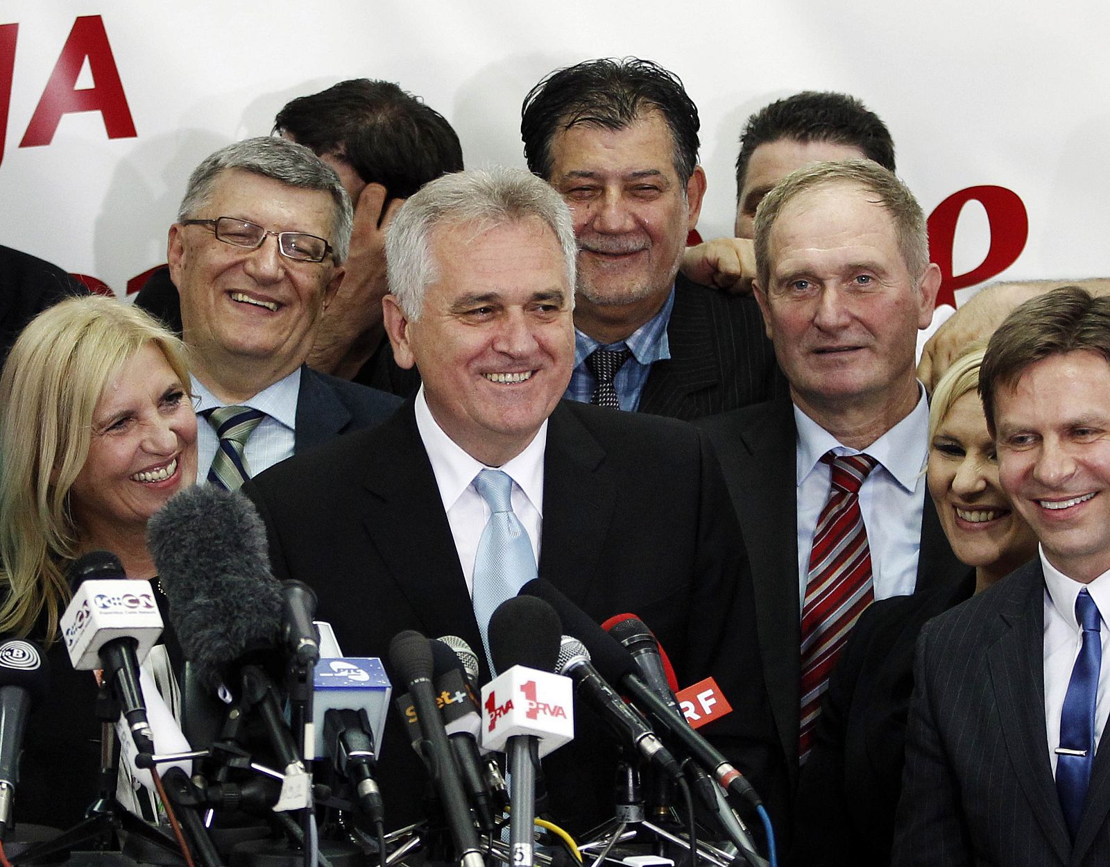 Serbian Progressive Party candidate for the 2012 presidential election Nikolic celebrates his victory in his party's headquarters in Belgrade