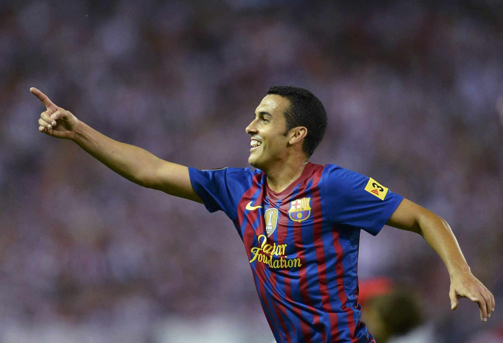 Barcelona's Pedro celebrates after scoring against Athletic Bilbao during their Spanish King's Cup final at the Vicente Calderon stadium in Madrid