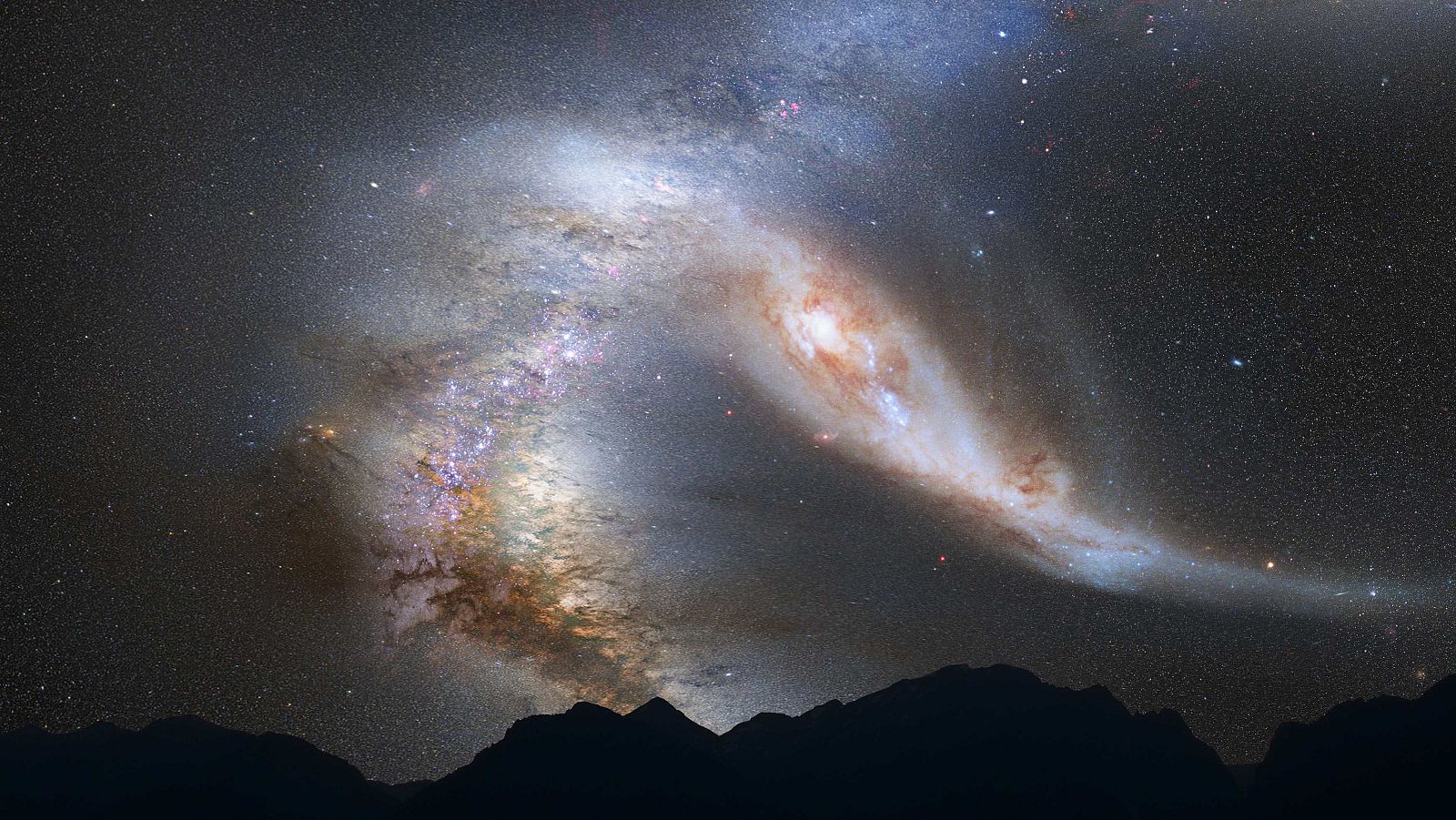 NASA photo illustration depicts a view of the night sky just before the predicted merger between our Milky Way galaxy and the neighboring Andromeda galaxy