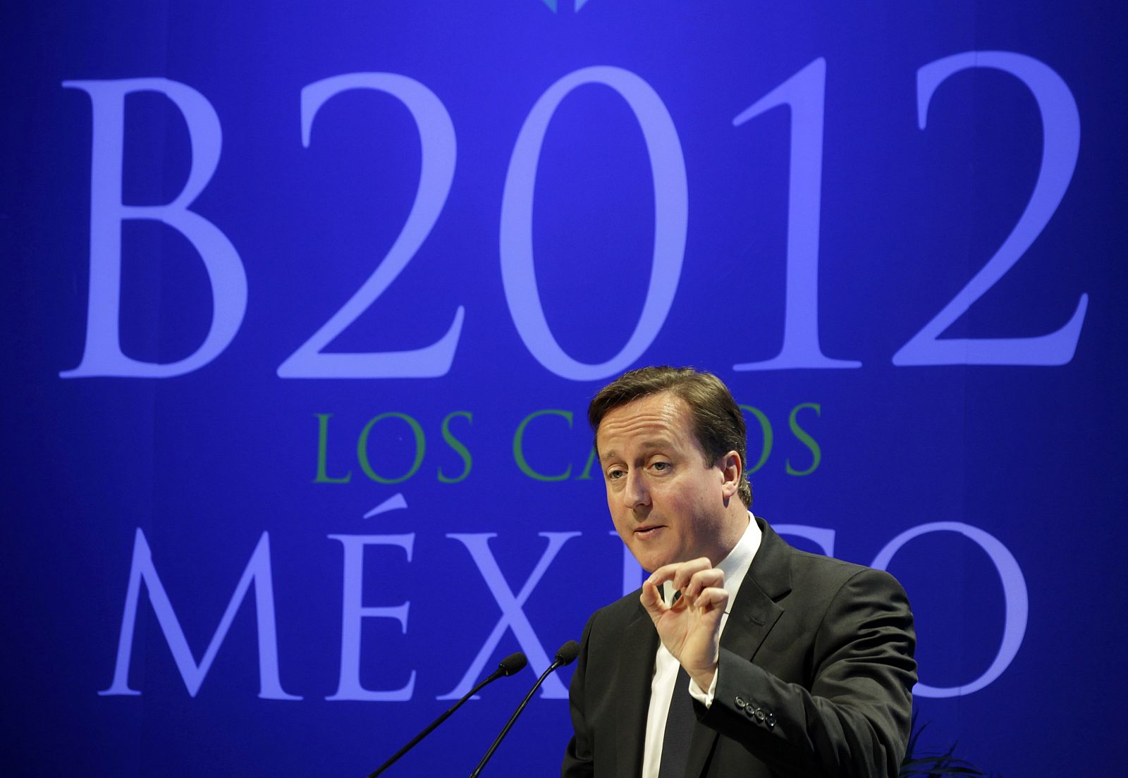 Britain's Prime Minister David Cameron addresses the audience in Los Cabos