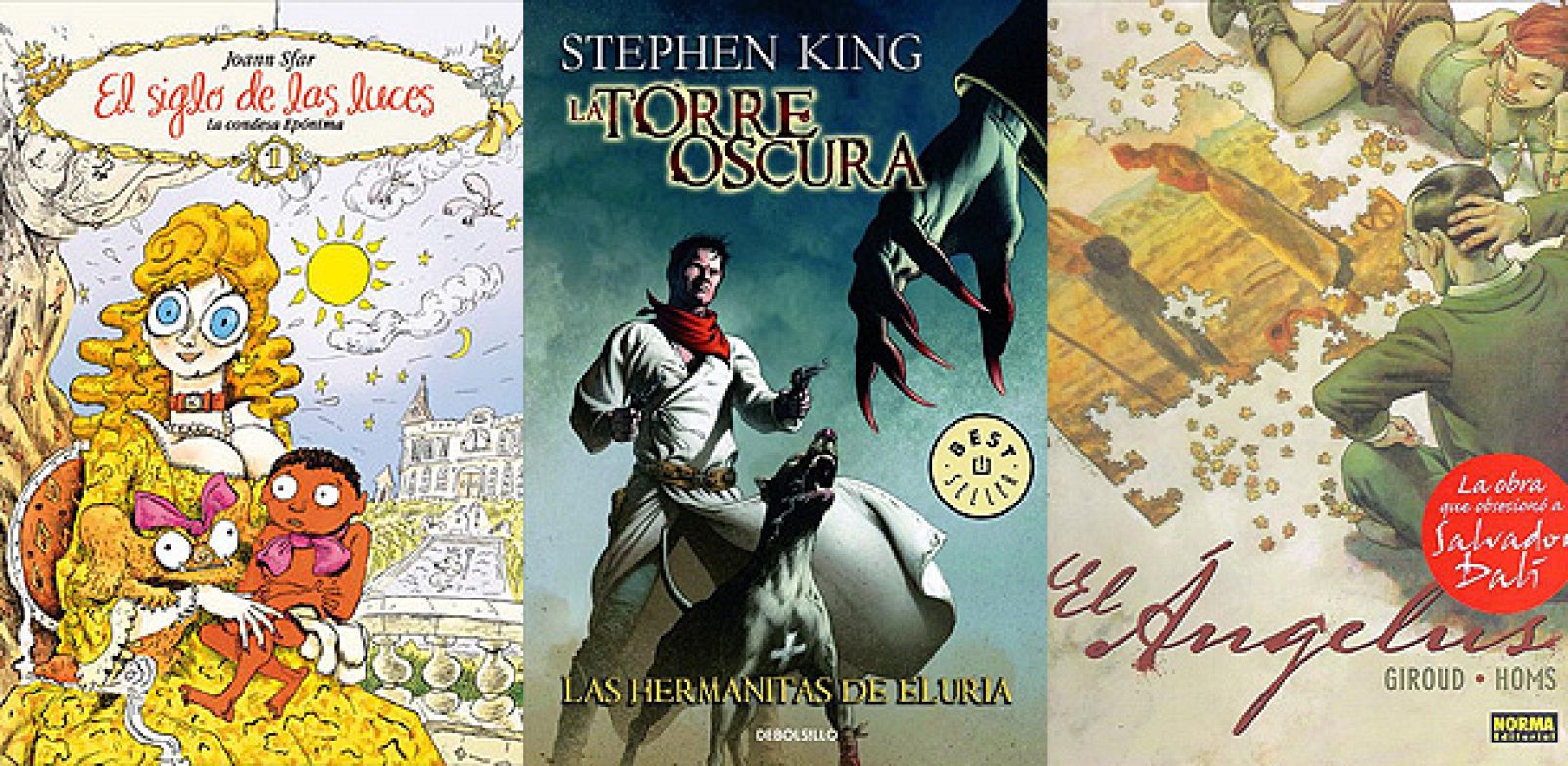 Portadas de 'El siglo de las luces', de Joann Sfar; 'Las hermanitas de Eluria', de Stephen King y Peter David; y 'El Ángelus', de Giroud y Homs
