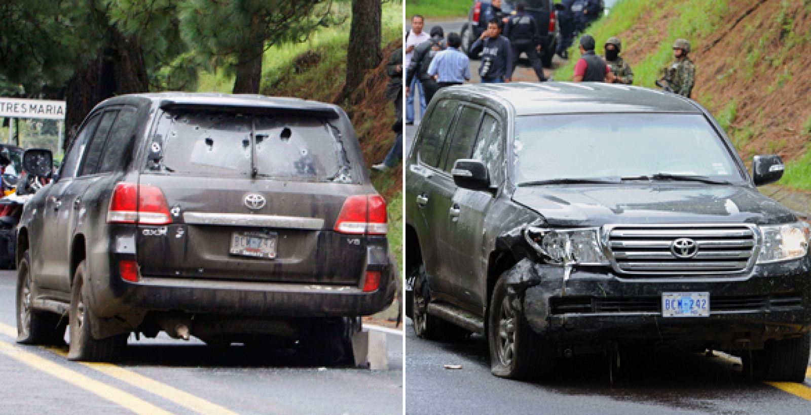 Estado delantero y trasero en el que ha quedado el vehículo diplo mático de la embajada de EE.UU. en México