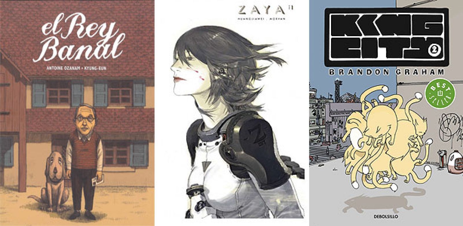 Portadas de 'El rey banal' (Dib>buks), 'Zaya' (Diábolo) y 'King City 2' (DeBolsillo)