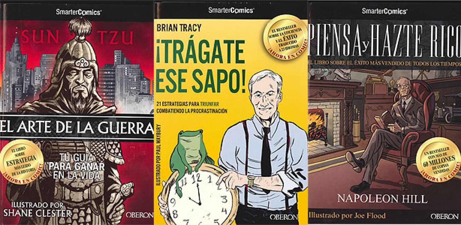 Portadas de 'El arte de la guerra', 'Trágate ese sapo' y 'Piensa y hazte rico'