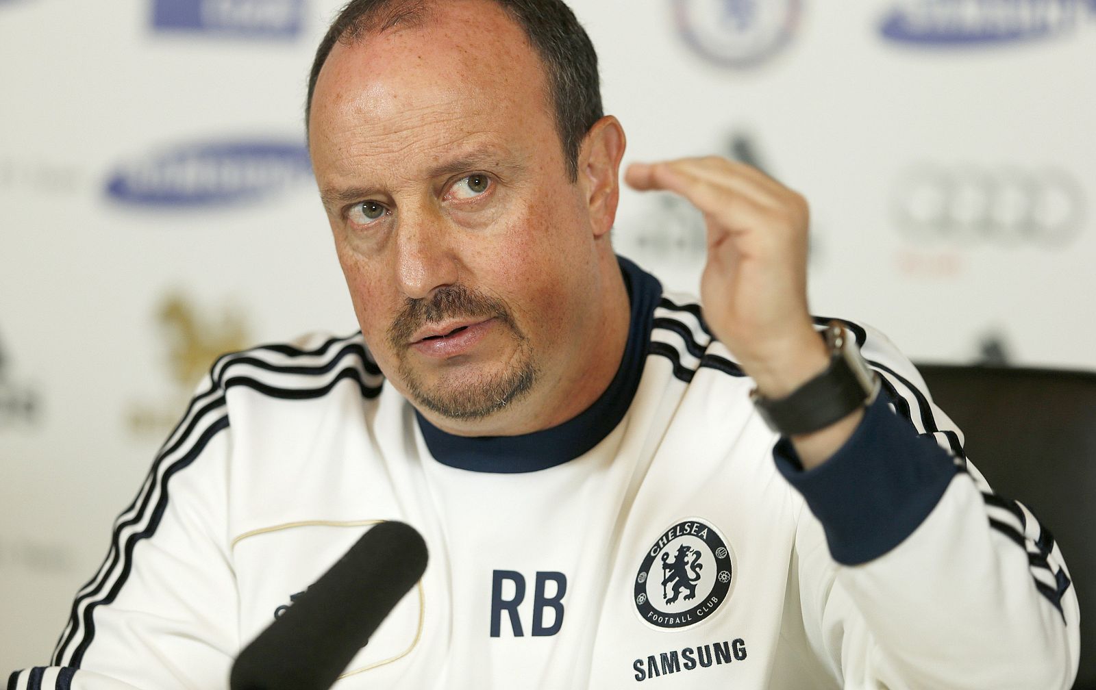 Chelsea's interim head coach Rafael Benitez attends a media conference at their training ground in Cobham
