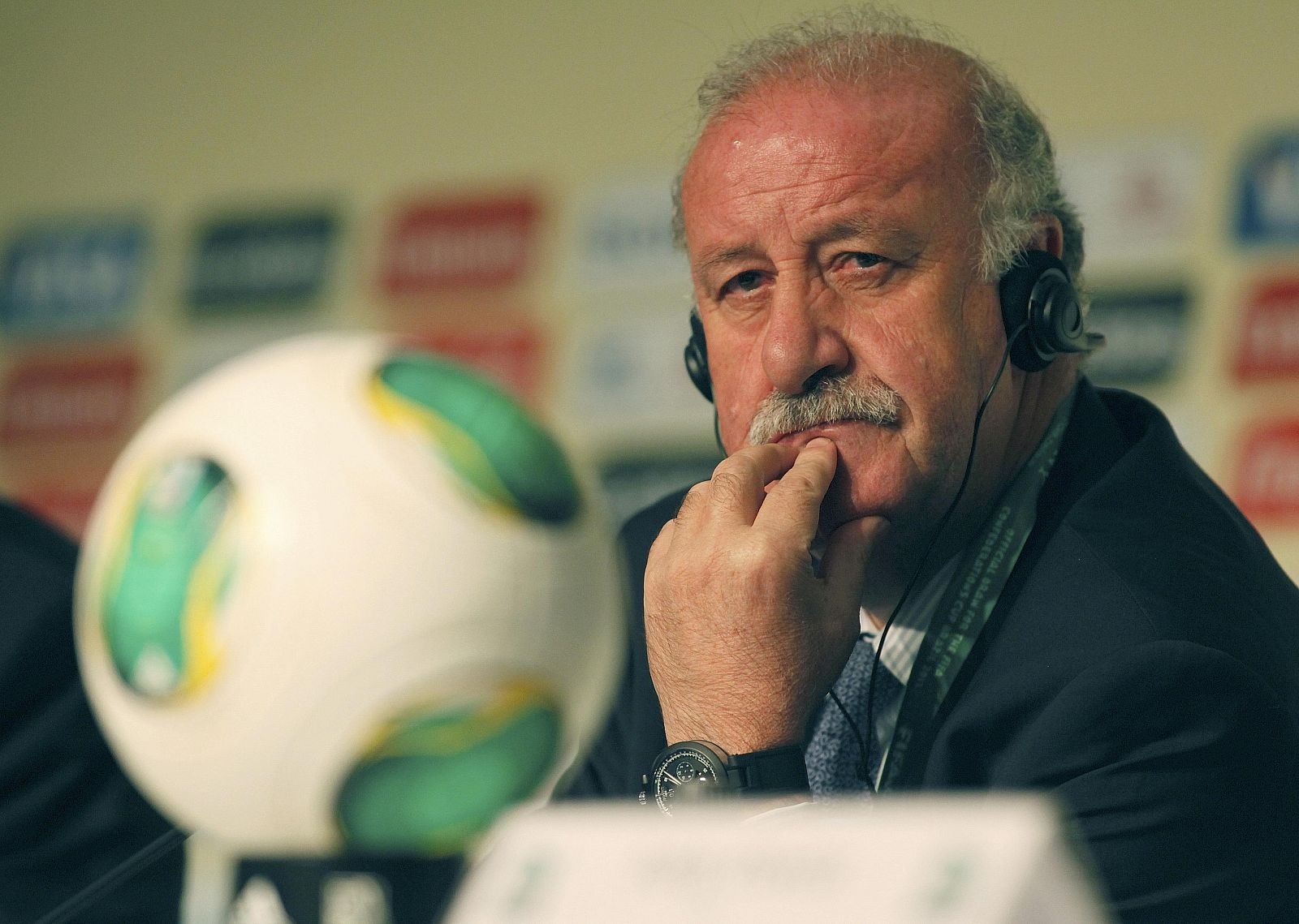 Spain's soccer coach Vicente del Bosque listens to a question during a press conference following  the official draw for FIFA Confederations Cup Brazil 2013 in Sao Paulo
