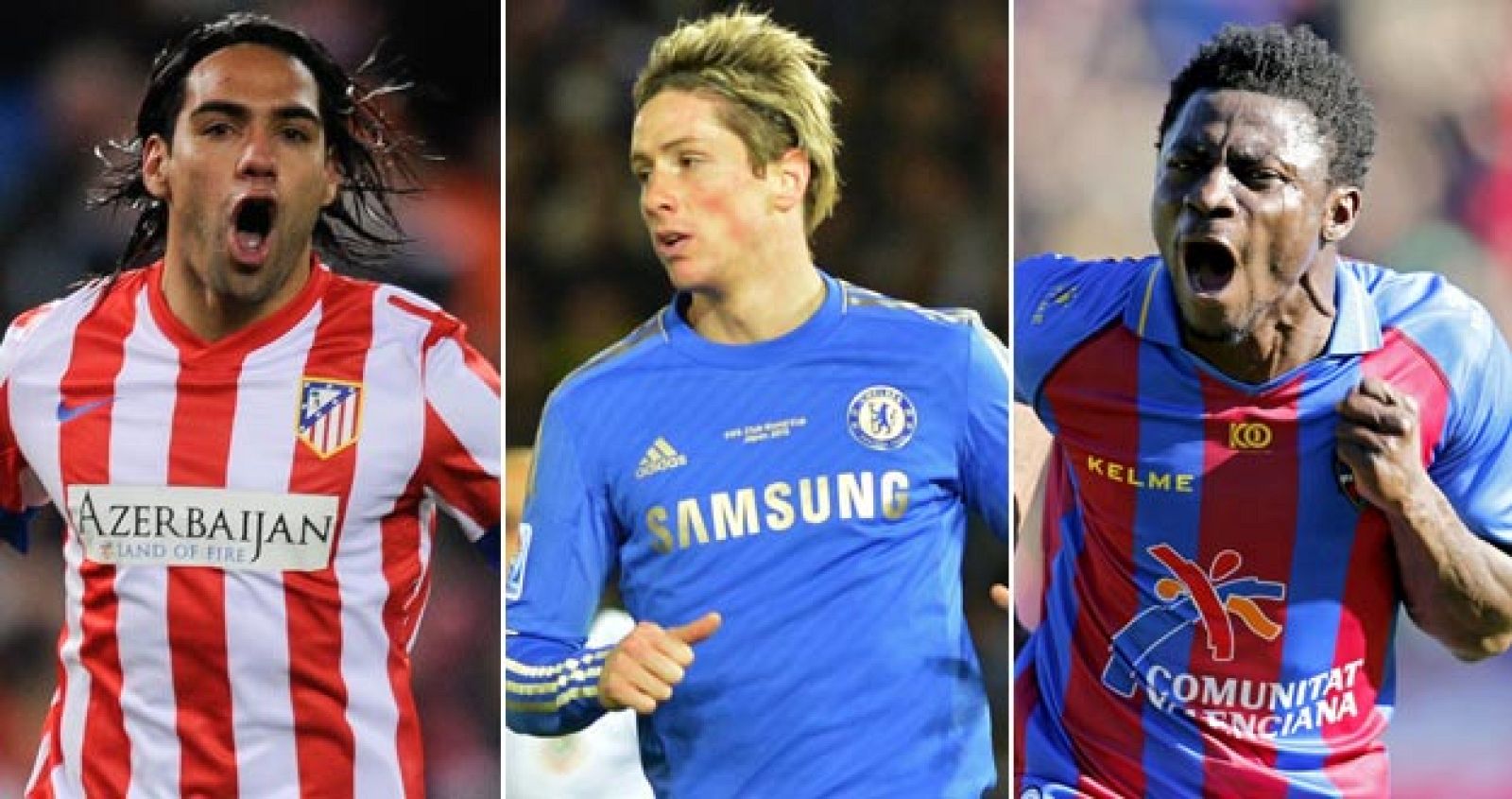 Los delanteros del Atlético, Radamel Falcao, del Chelsea, Fernando Torres y del Levante, Martins.