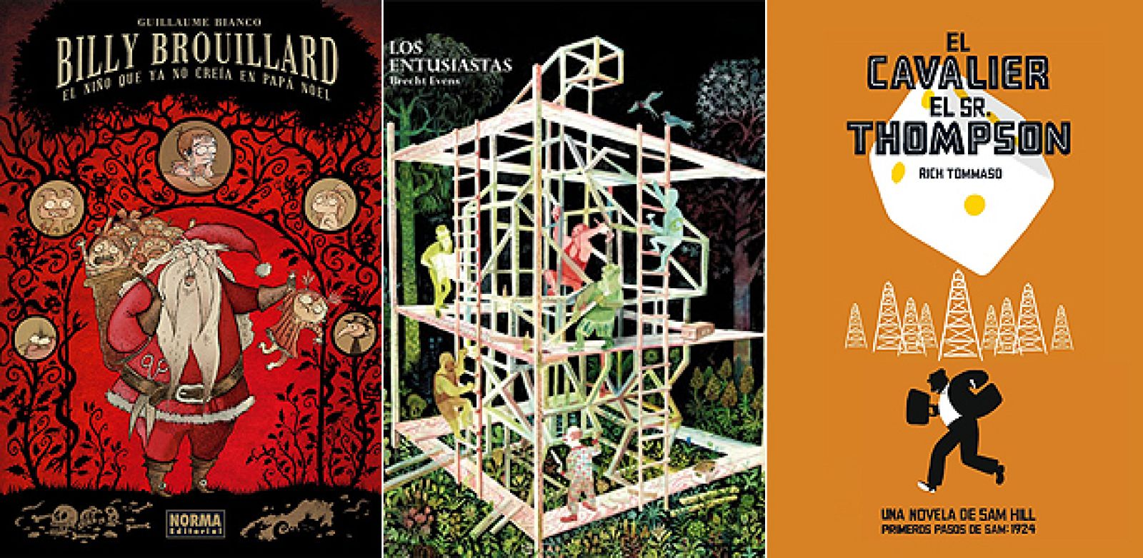 Portadas de Billy Brouillard: El niño que ya no creía en Papá Noel, 'Los entusiastas' y 'El cavalier el sr. Thompson'