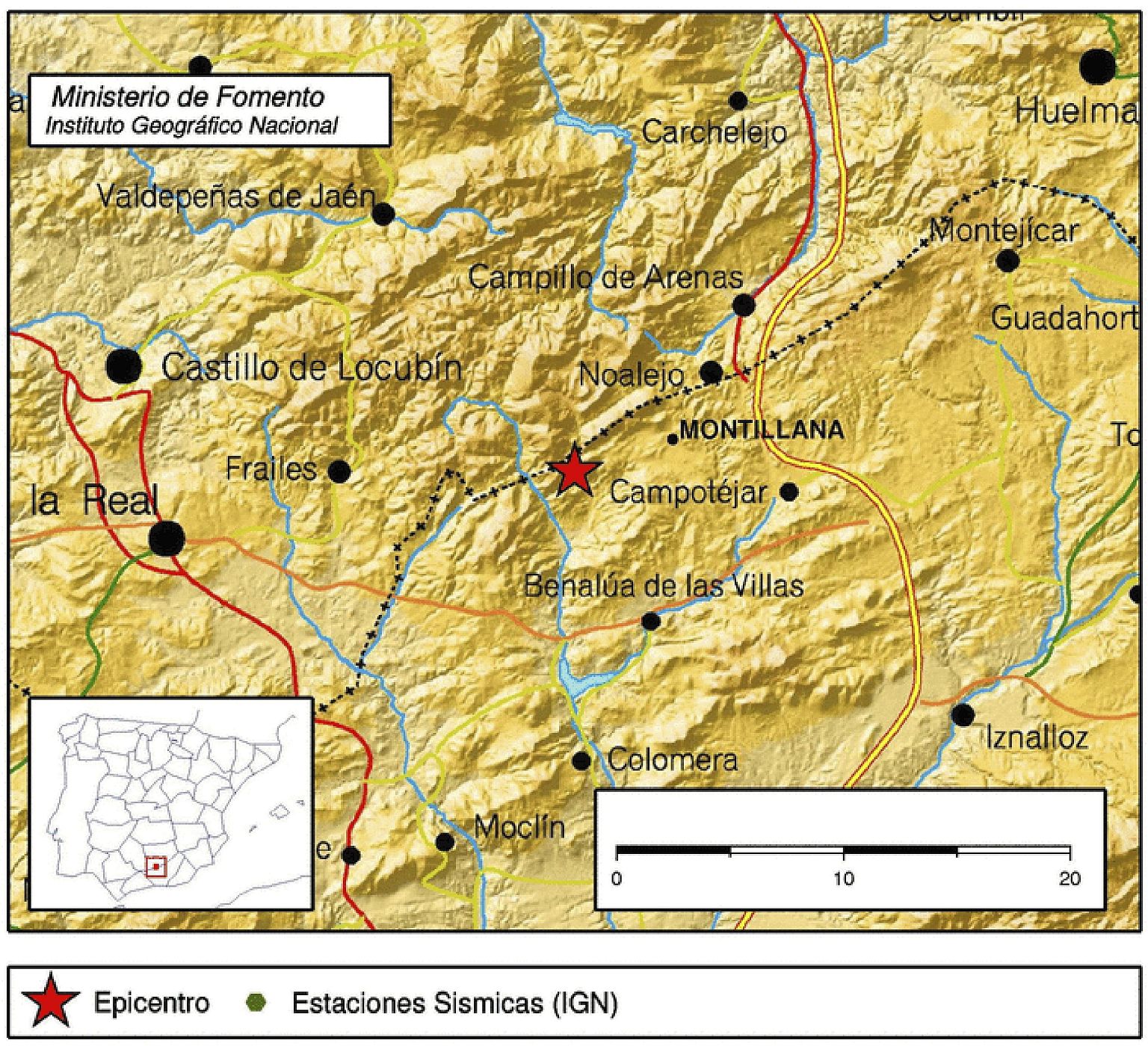 Imagen facilitada por el IGN sobre la ubicación del terremoto ocurido esta noche en el límite de las provincias de Jaén y Granada