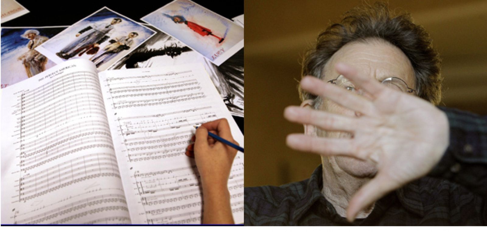 Primeras imágenes de la partitura de la ópera 'El americano perfecto', a la dcha, Philip Glass retrado en el Teatro Real