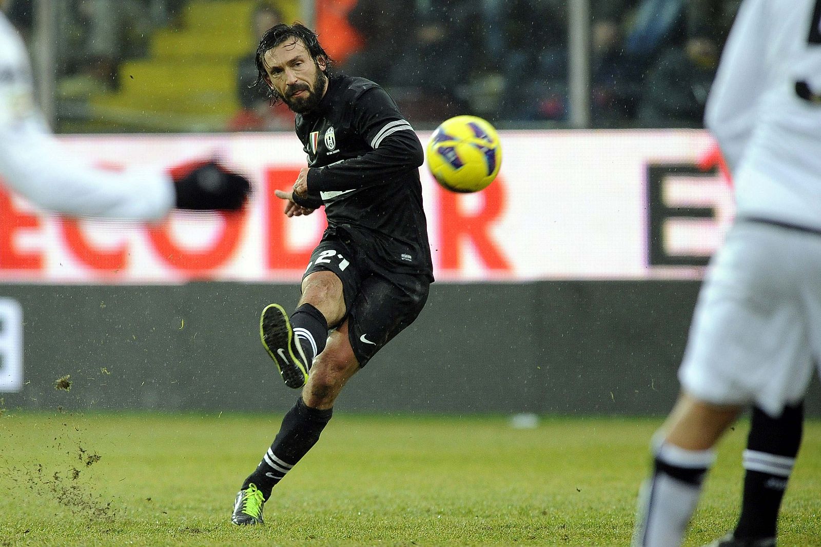 Juventus's Andrea Pirlo kicks the ball to score against Parma during their Italian Serie A soccer match in Parma