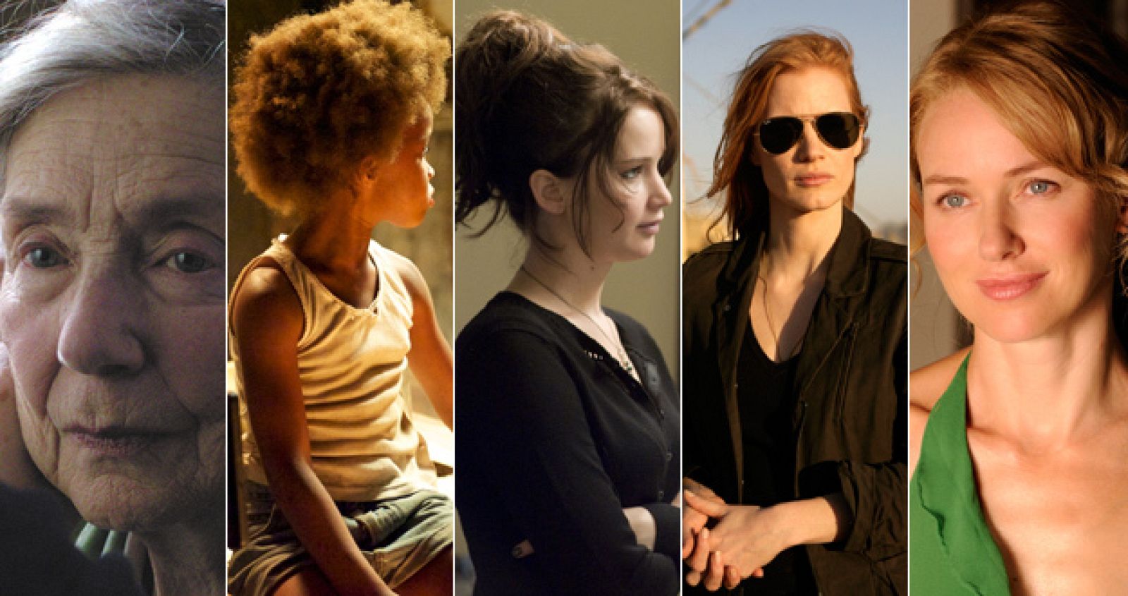 Emmanelle Riva, Quvenzhané Wallis, Jennifer Lawrence, jessica Chastain y Naomi Watts, las nominadas a mejor actriz en los Oscar.