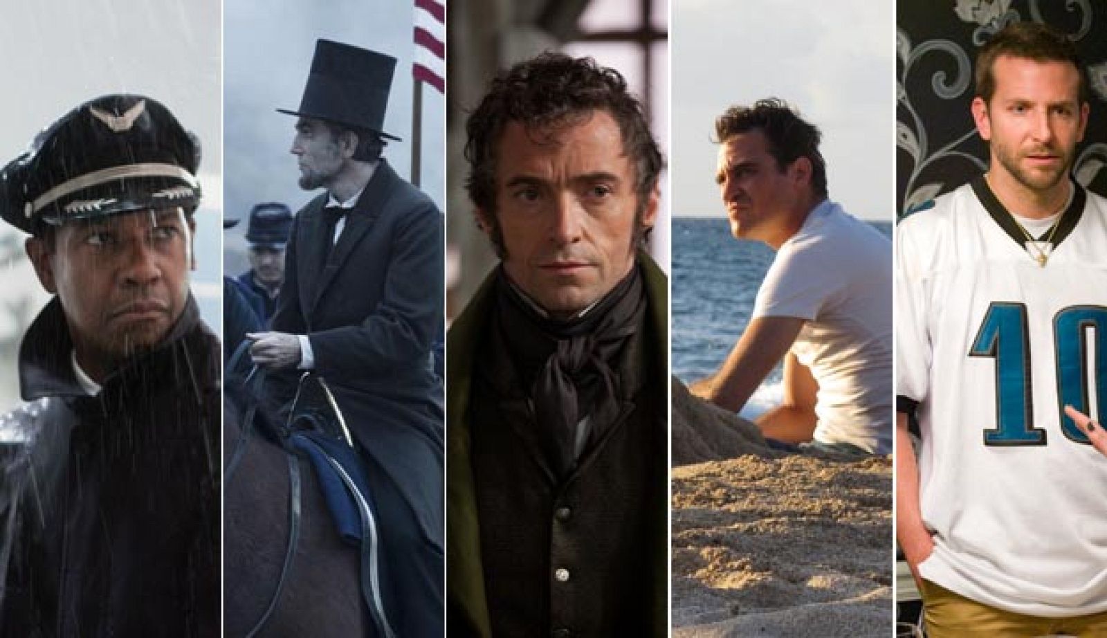 Denzel Washington, Daniel Day-Lewis, Hugh Jackman, Joaquin Phoenix, y Bradley Cooper, rivales por el Oscar a mejor actor.