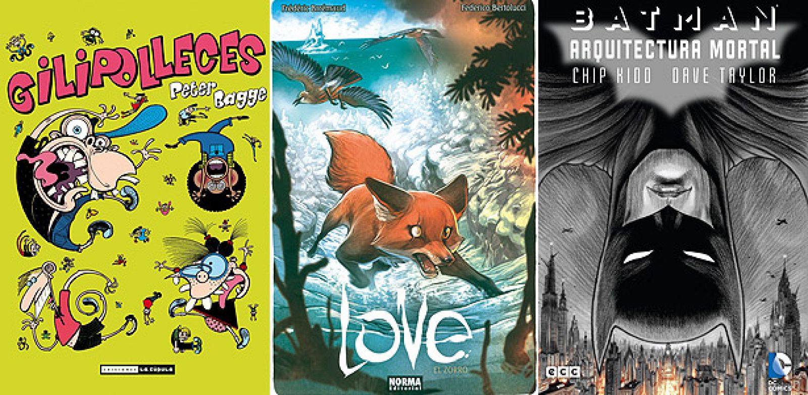 Portadas de 'Gilipolleces', 'Love. el zorro' y 'Batman: Arquitectura mortal'