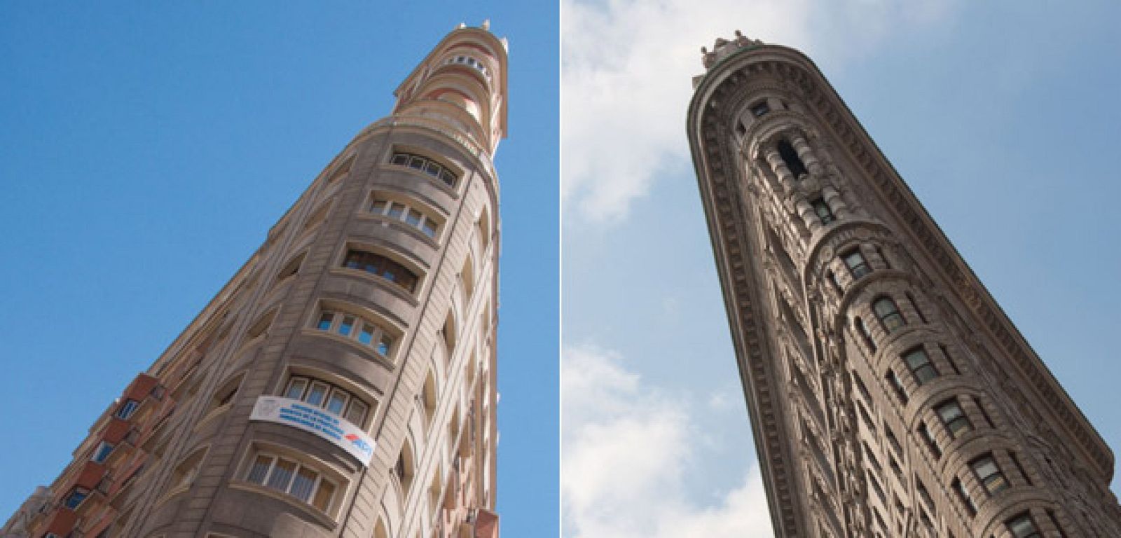 A la izda la Gran Vía desde la calle Isabel la Católica, a la dcha Flatiron Building