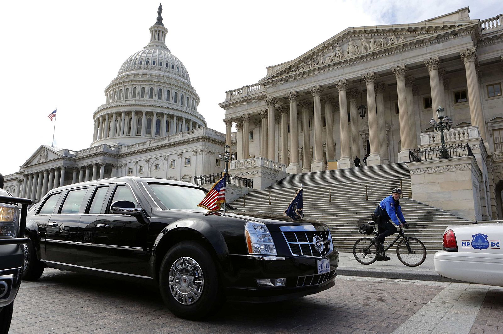 U.S. President Barack Obama's motorcade vehicle sits in front of U.S. Senate in Washington