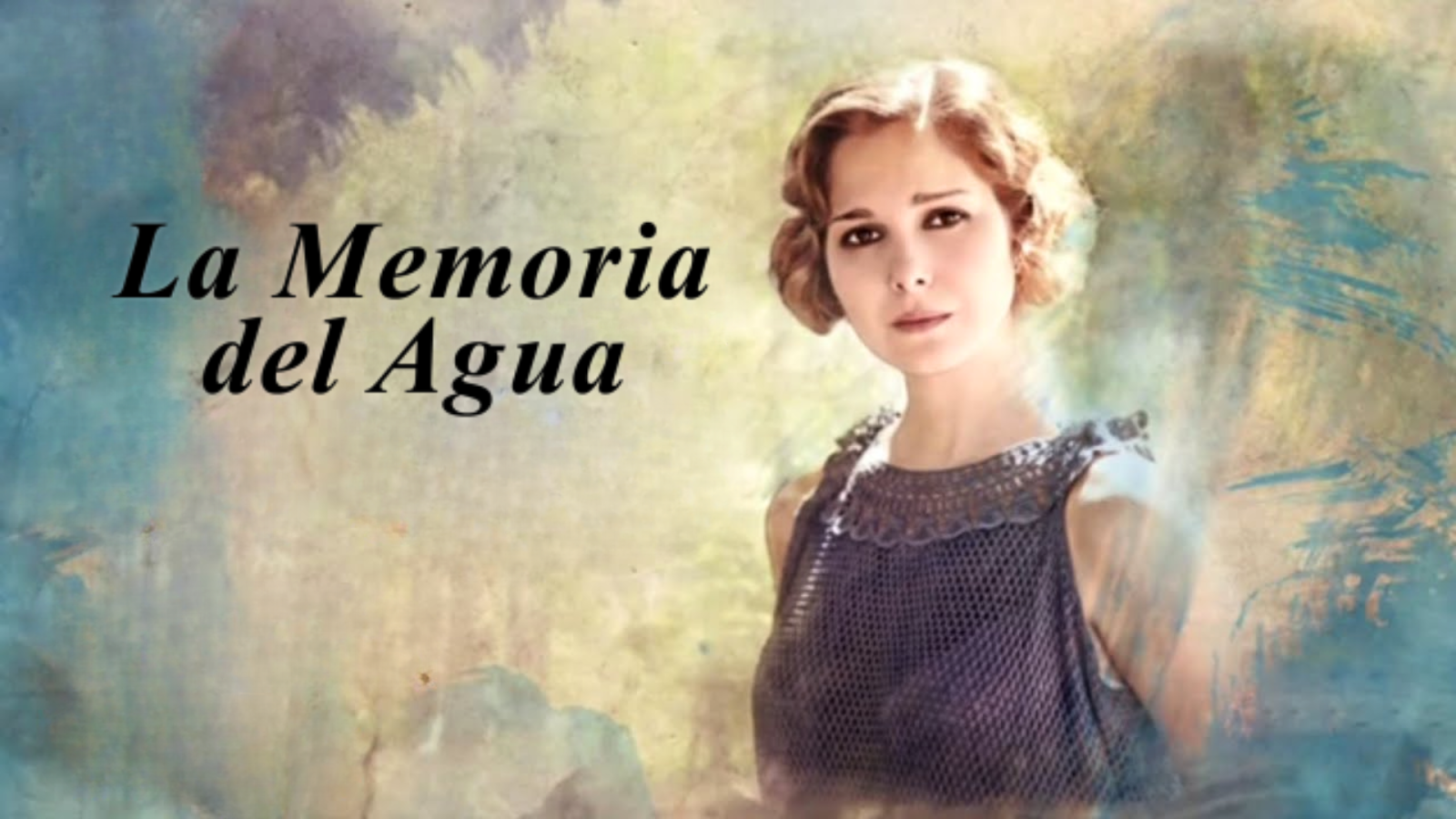 Mujer joven con cabello rubio corto y ondulado, blusa gris oscura, fondo abstracto azul, verde y amarillo. Portada de serie.