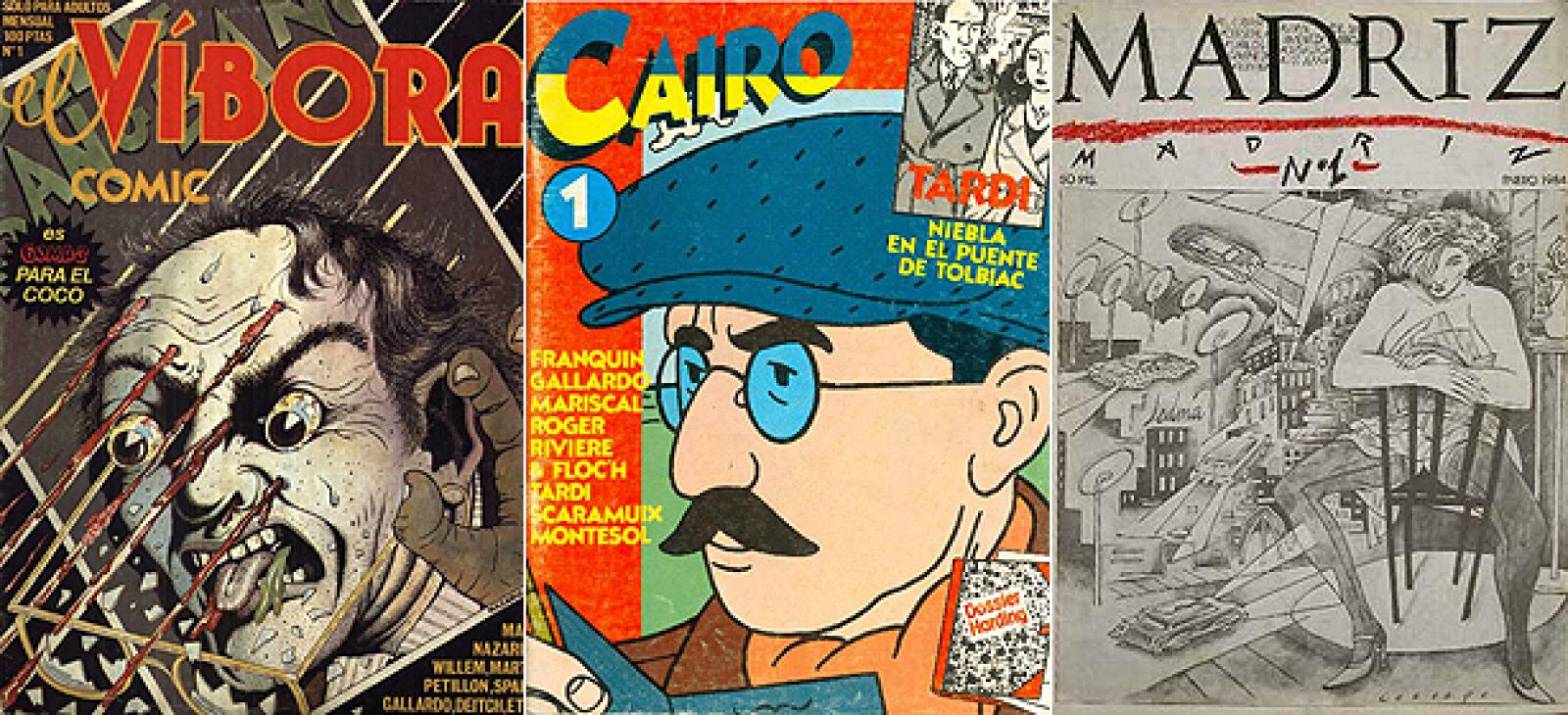Portada de los primeros números de 'El Víbora', 'Cairo' y 'Madriz'