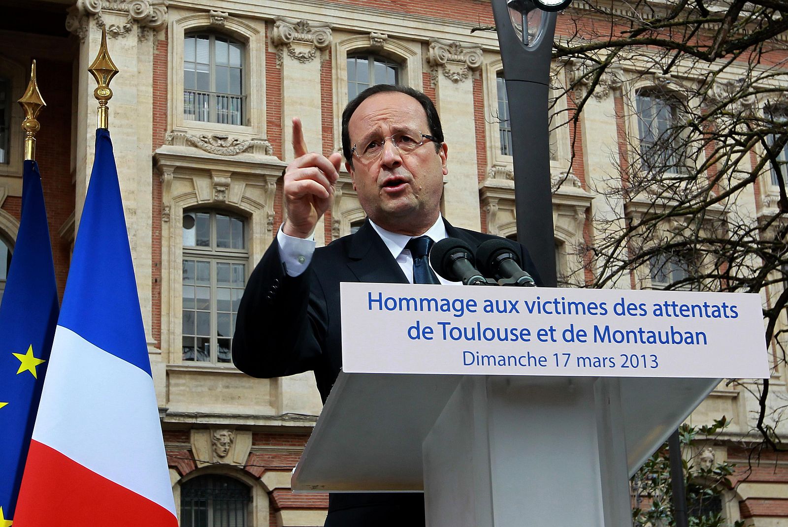 French President Francois Hollande delivers a speech during a memorial ceremony to pay tribute to the victims of 23-year-old gunman Mohamed Merah in Toulouse