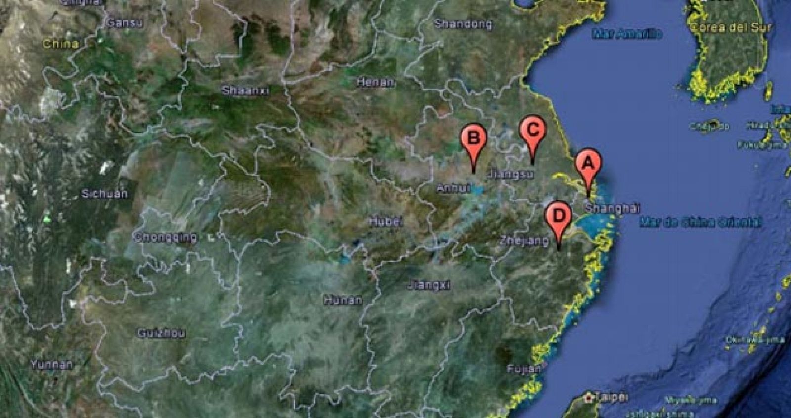 Mapa de la localización de los casos de gripe A H7N9 en China