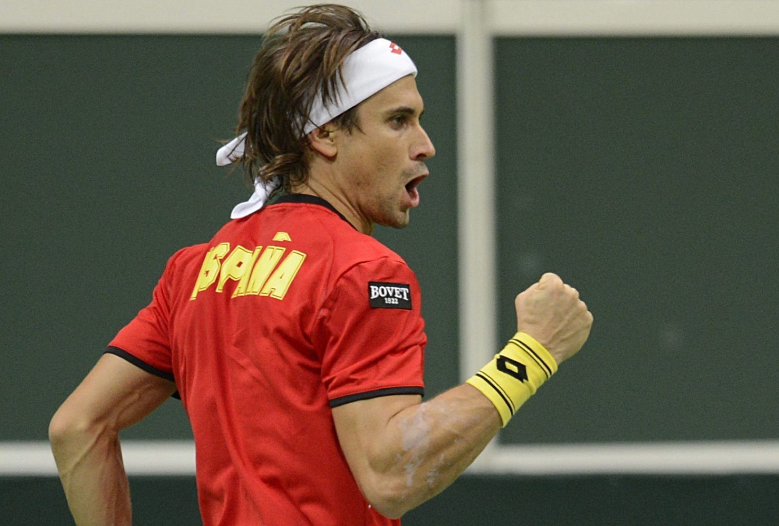 David Ferrer celebra un punto en un partido con el equipo español