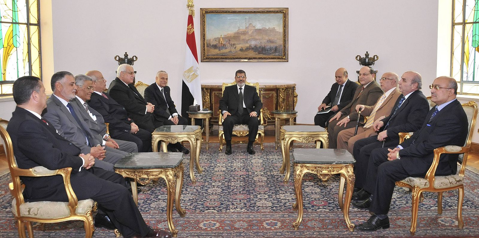 Egypt's President Mohamed Mursi meets with the Supreme Judicial Council and the prosecutor general to discuss a draft law reforming the judiciary due to go through the Islamist-dominated upper house at El-Thadiya presidential palace in Cairo