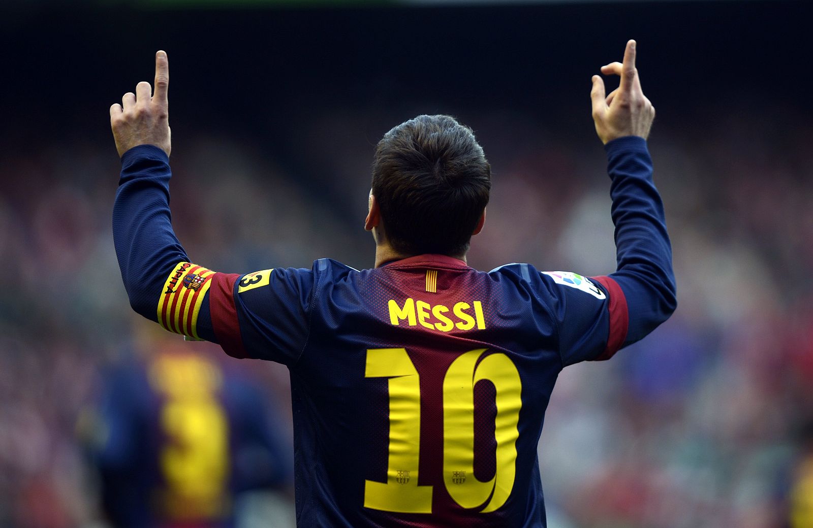 Barcelona's Messi celebrates a goal against Athletic Bilbao during their Spanish first division soccer match in Bilbao