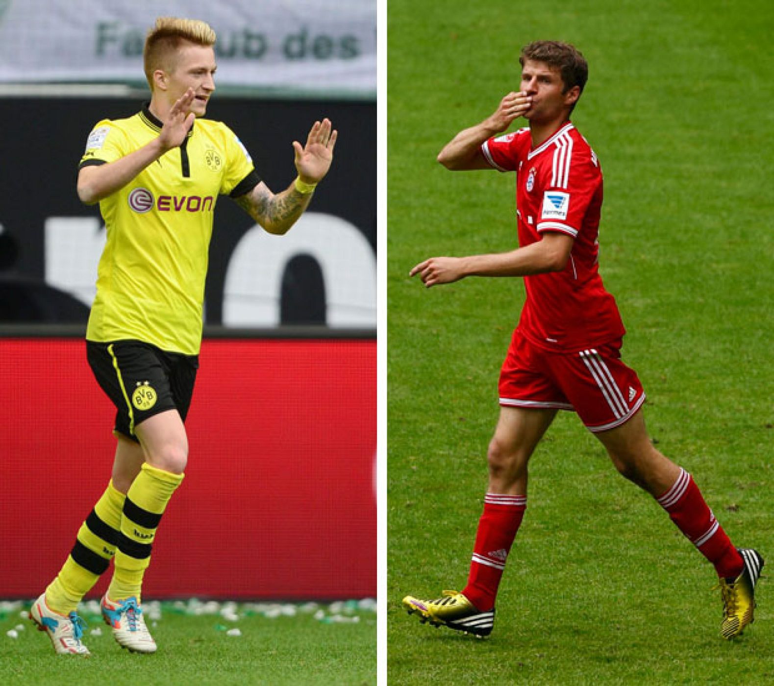 Reus (i) y Müller (d) celebran tantos con sus equipos