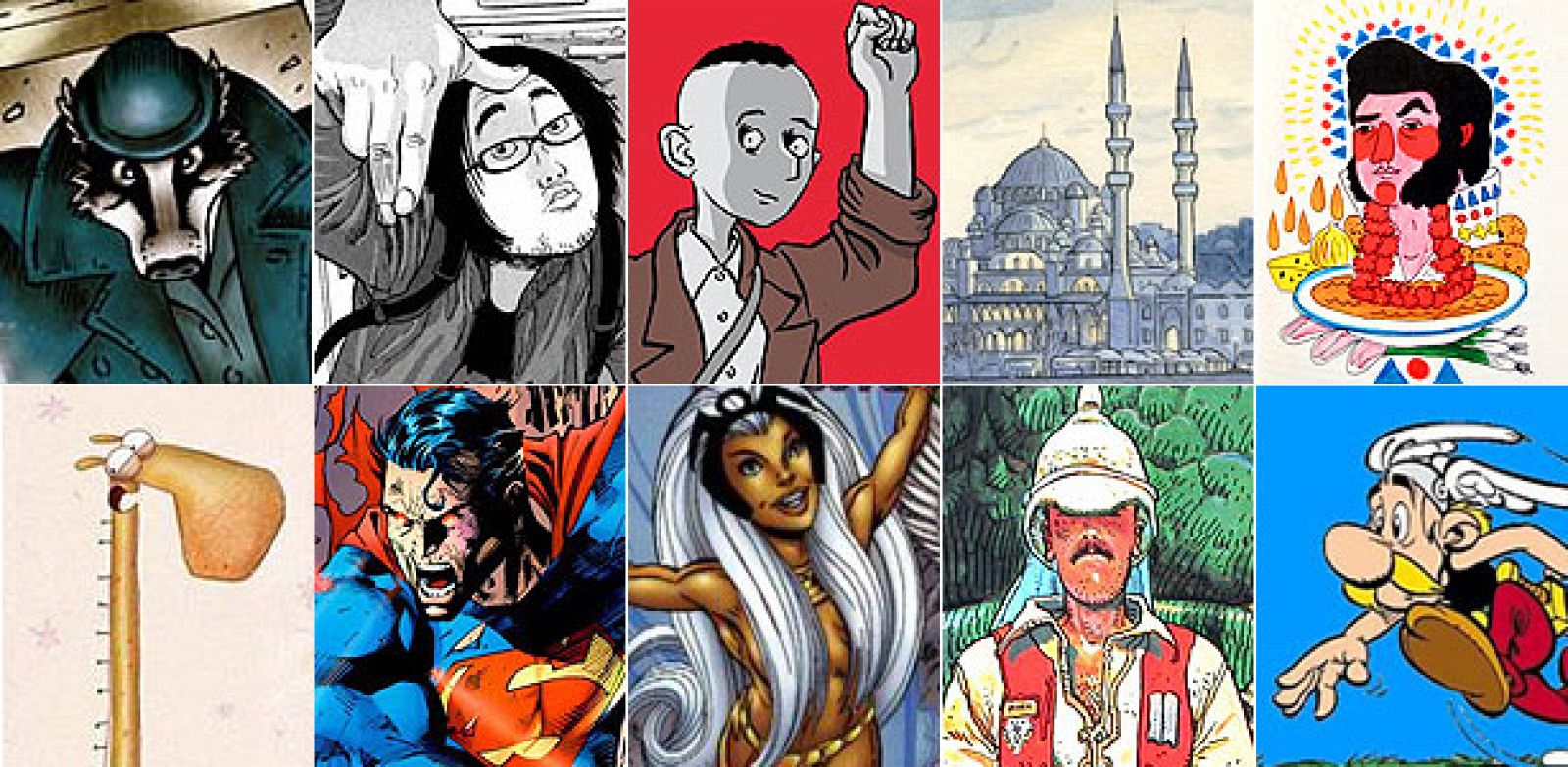 Fragmentos de ilustraciones de 'Grandville', 'I am a hero', 'Los fantasmas de Ermo', 'Estambul. Itinerarios', 'Cocina pop', 'Emociones y sentimientos', 'Superman: Por el mañana', 'Patrulla X: Los años perdidos', 'El garaje hermético', y 'Astérix. La