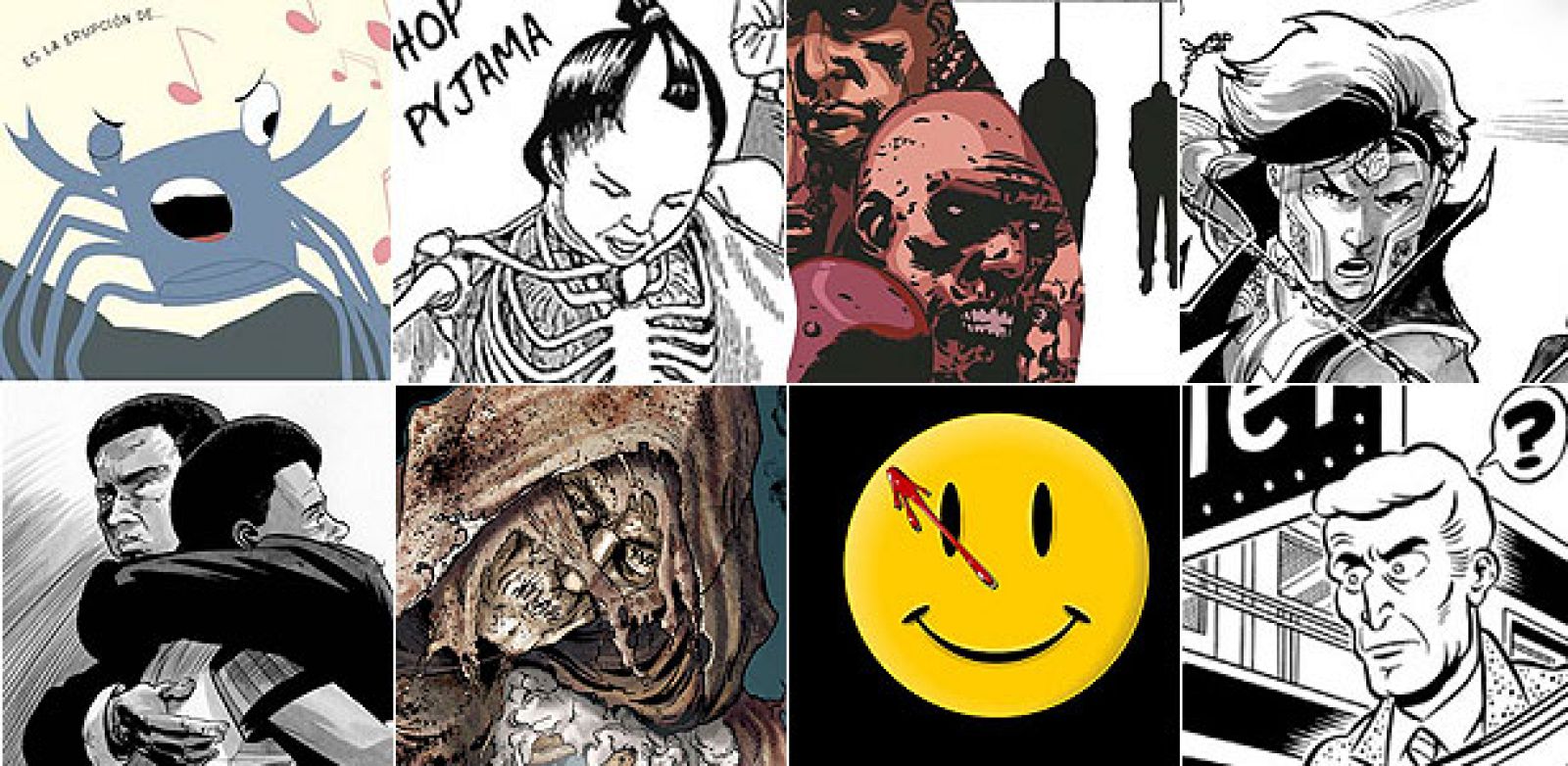 Fragmentos de viñetas de 'La marcha del cangrejo 3: La revolución de los cangrejos', 'Cuaderno de masacres', 'El aliento del Wendigo', 'Legendary', 'El silencio de nuestros amigos', 'Stitched', 'Watchmen' y 'Atajos'