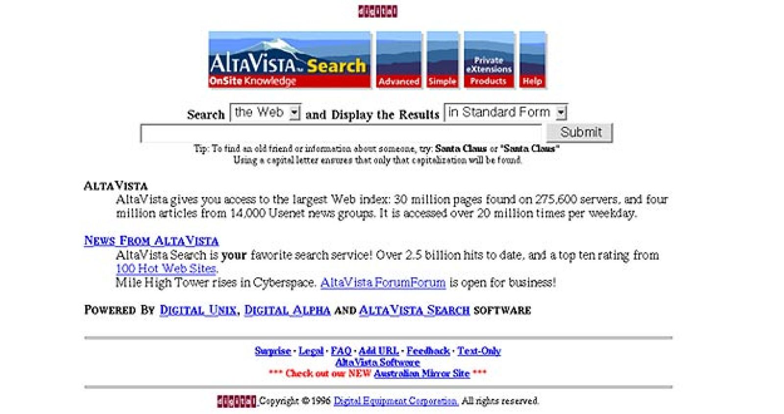 Portada de Altavista en 1996