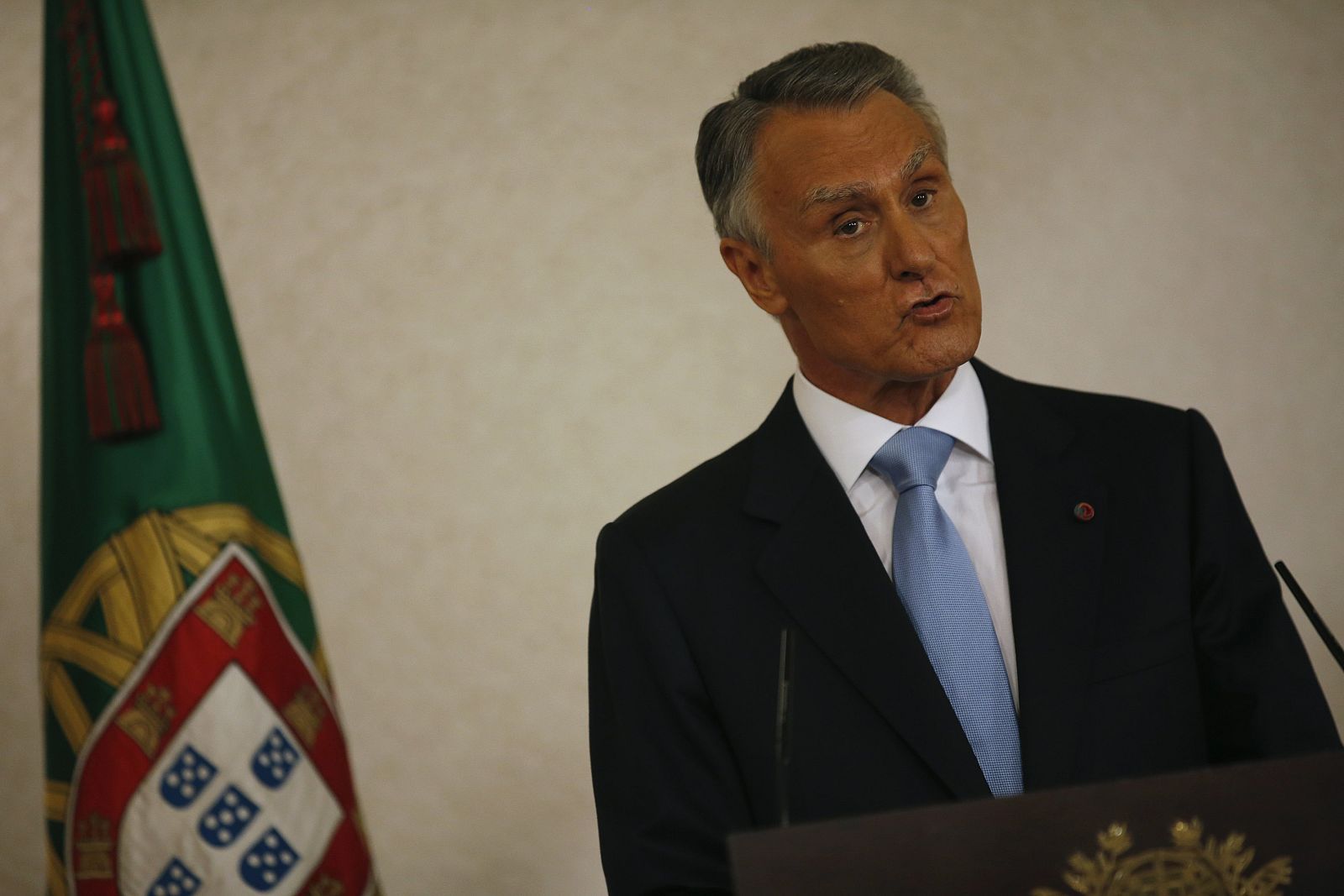 Portugal's President Cavaco Silva makes a statement to the media in Lisbon
