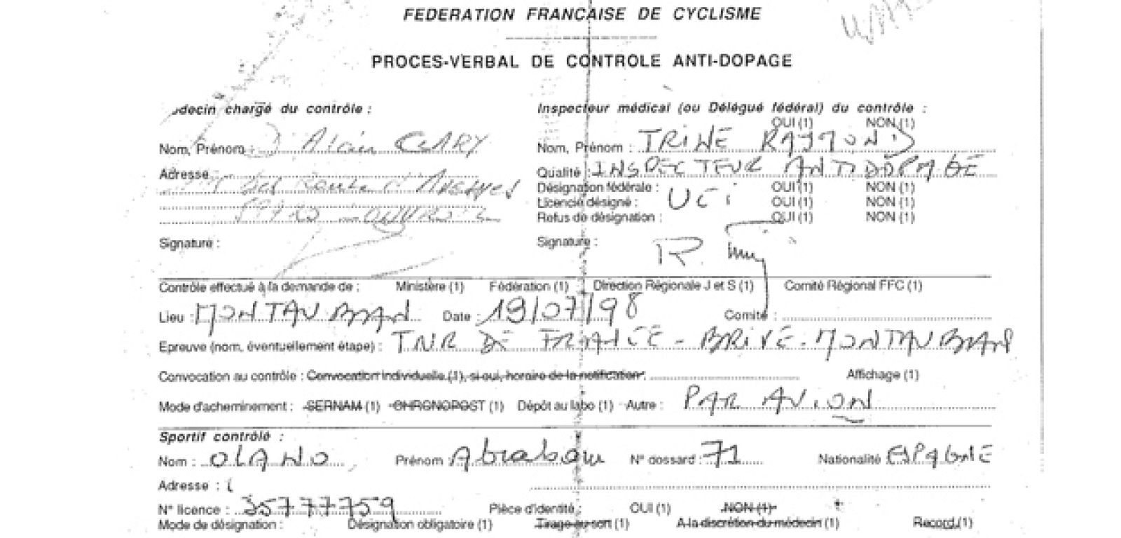 Impreso de control antidopaje de Olano