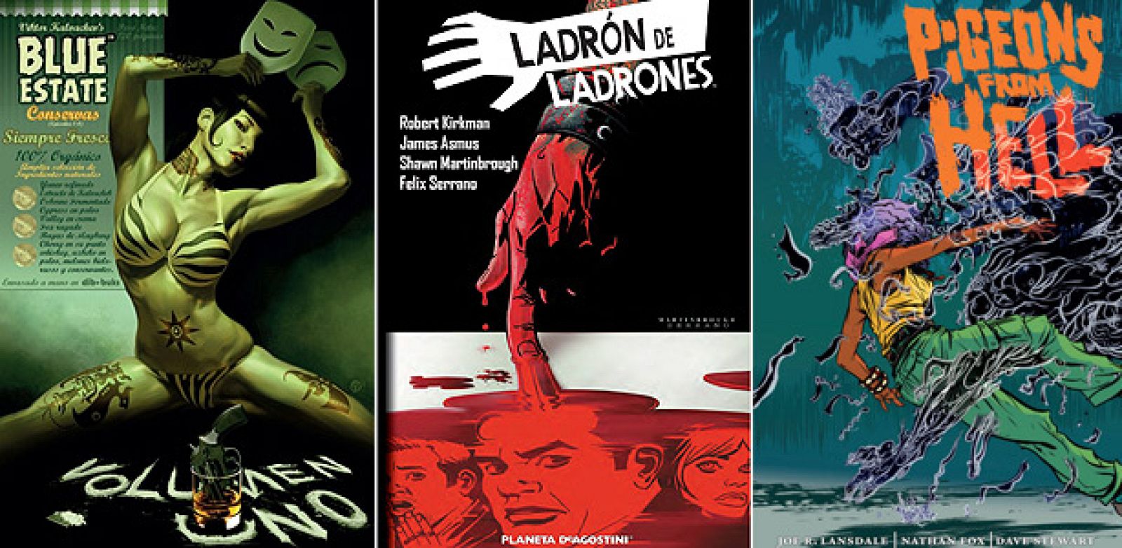 Portadas de 'Blue estate: conservas', 'Ladrón de ladrones 2' y 'Pigeons from hell'