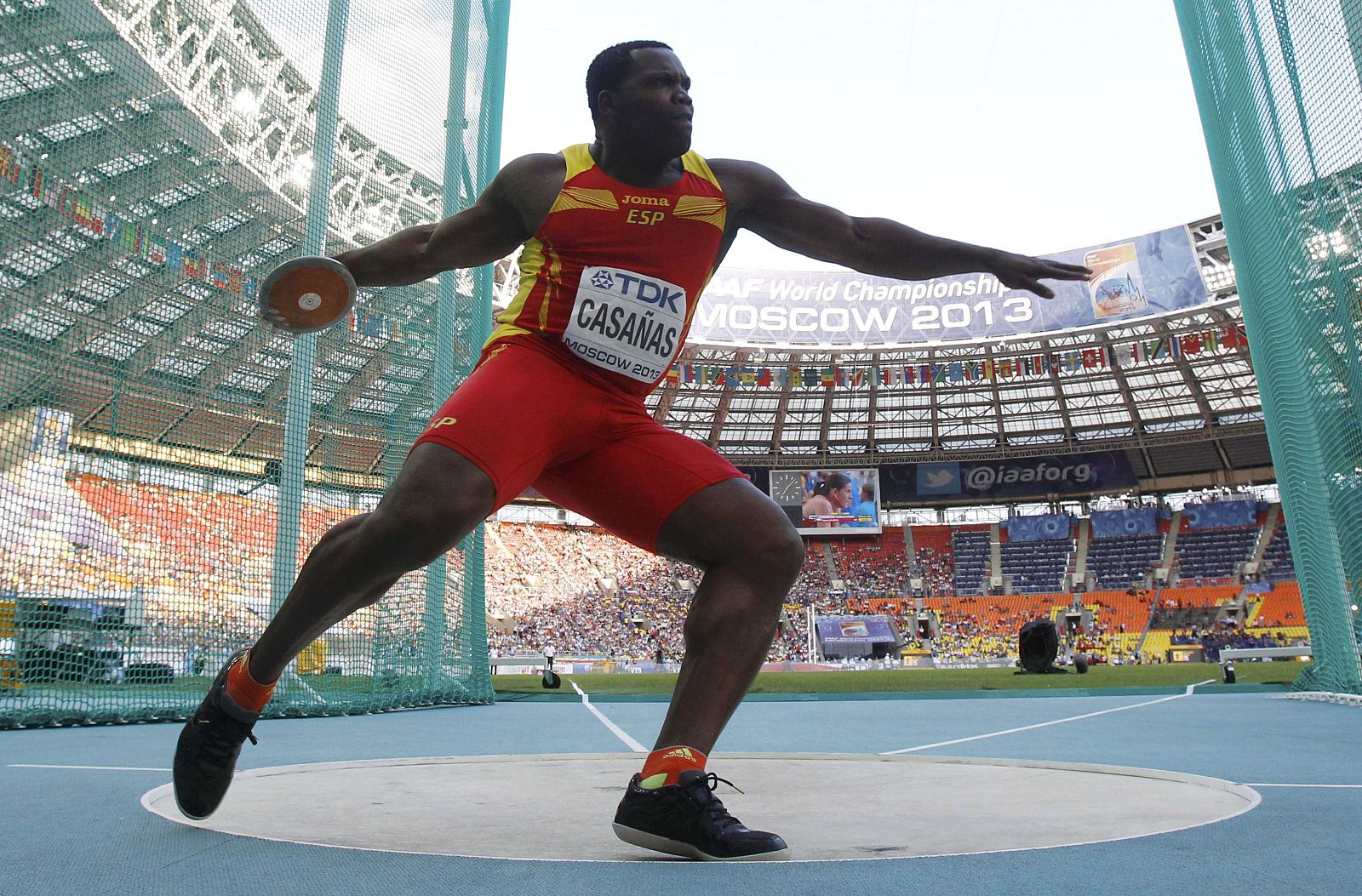 Casanas of Spain competes in the men's discus throw final during the IAAF World Athletics Championships at the Luzhniki stadium in Moscow