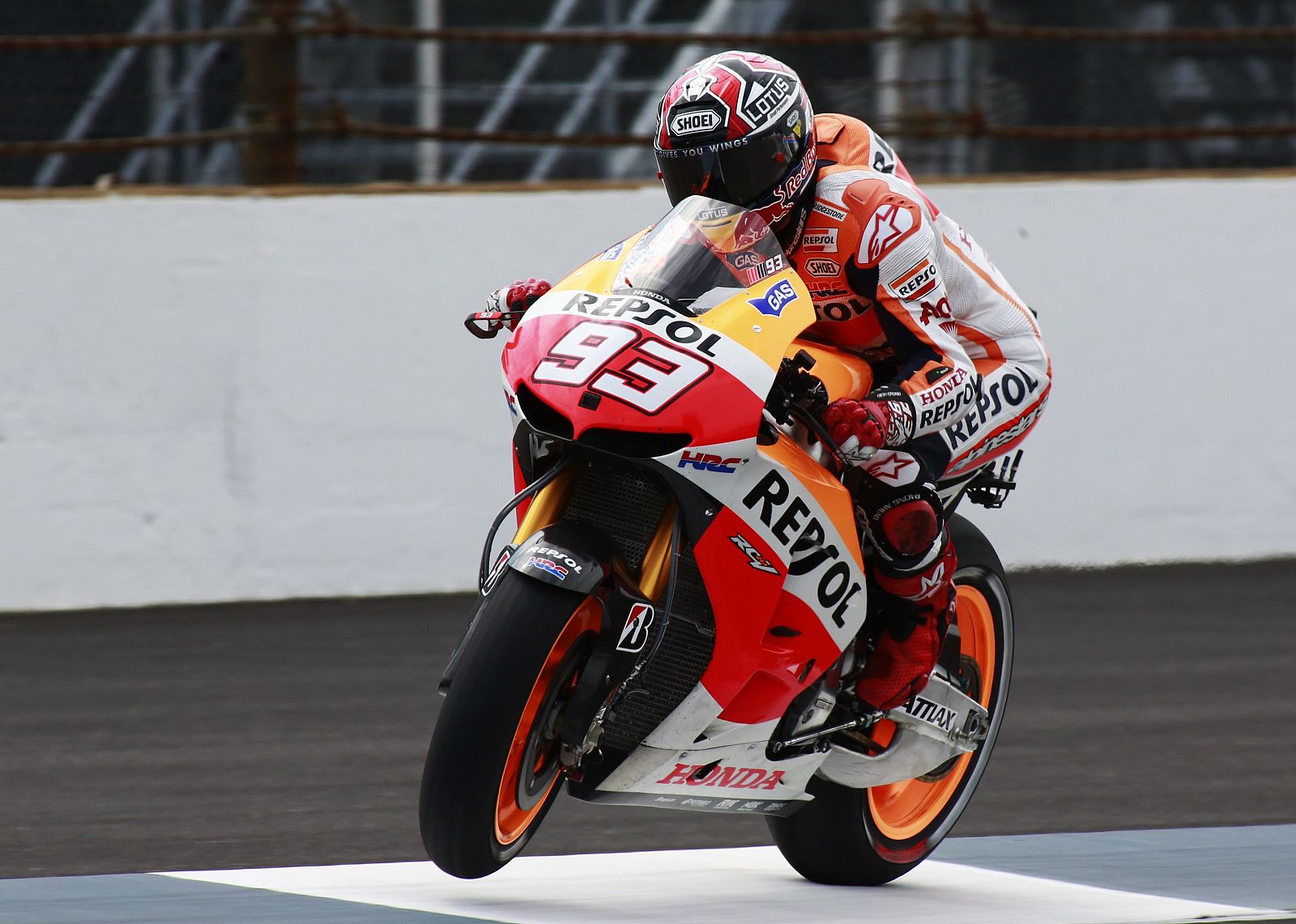 Marc Marquez rides during practice for the Indianapolis Grand Prix in Indianapolis.