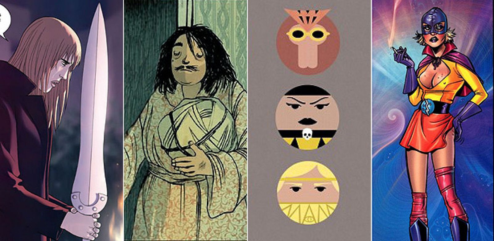 Fragmentos de ilustraciones de 'La Espada', 'El cuarto de Lautréamont', 'Radiografías de una explosión' y 'The Pro'