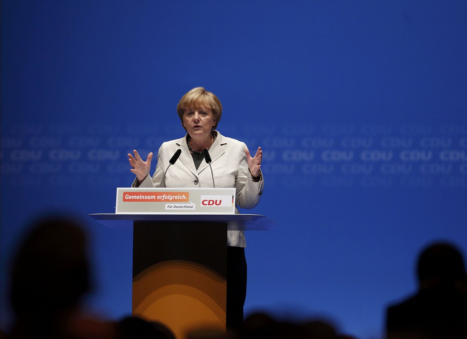 German Chancellor and Christian Democratic Union CDU leader Merkel makes a speech during the election campaign rally in Duesseldorf